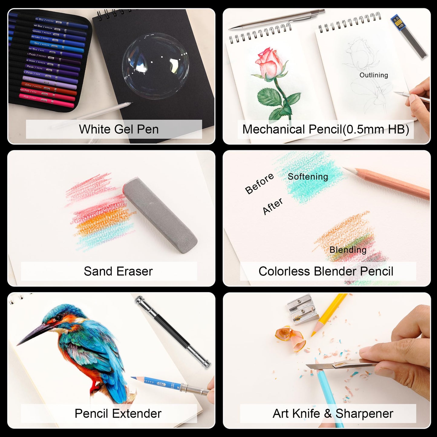 HIFORNY - Juego de 130 lápices de colores para adultos, 120 lápices de colores con extras, núcleo suave de artistas, lápices de dibujo, suministros de manualidades para adultos