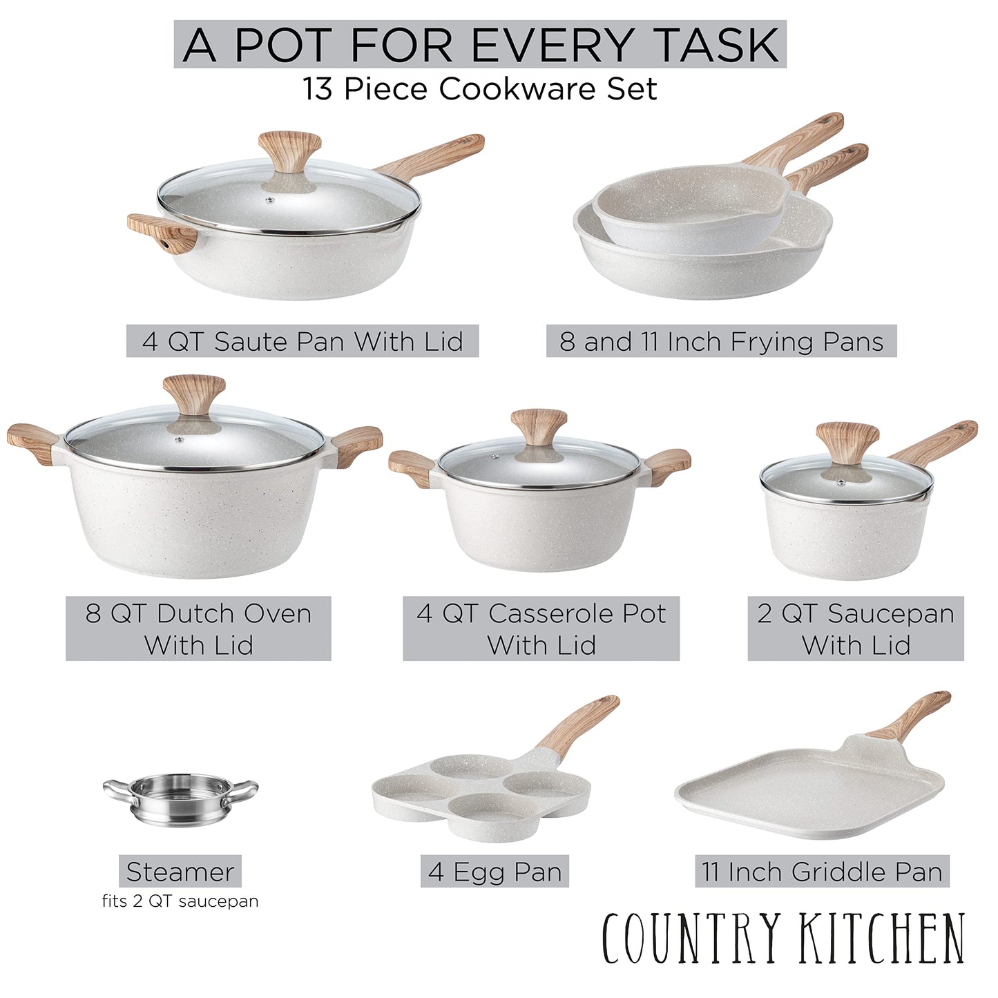 Country Kitchen - Juego de utensilios de cocina antiadherentes de inducción 13 ollas y sartenes de aluminio con asas BAKELITE - Ollas de inducción y sartenes con tapas de vidrio Crema (YCASPF9 CRM)