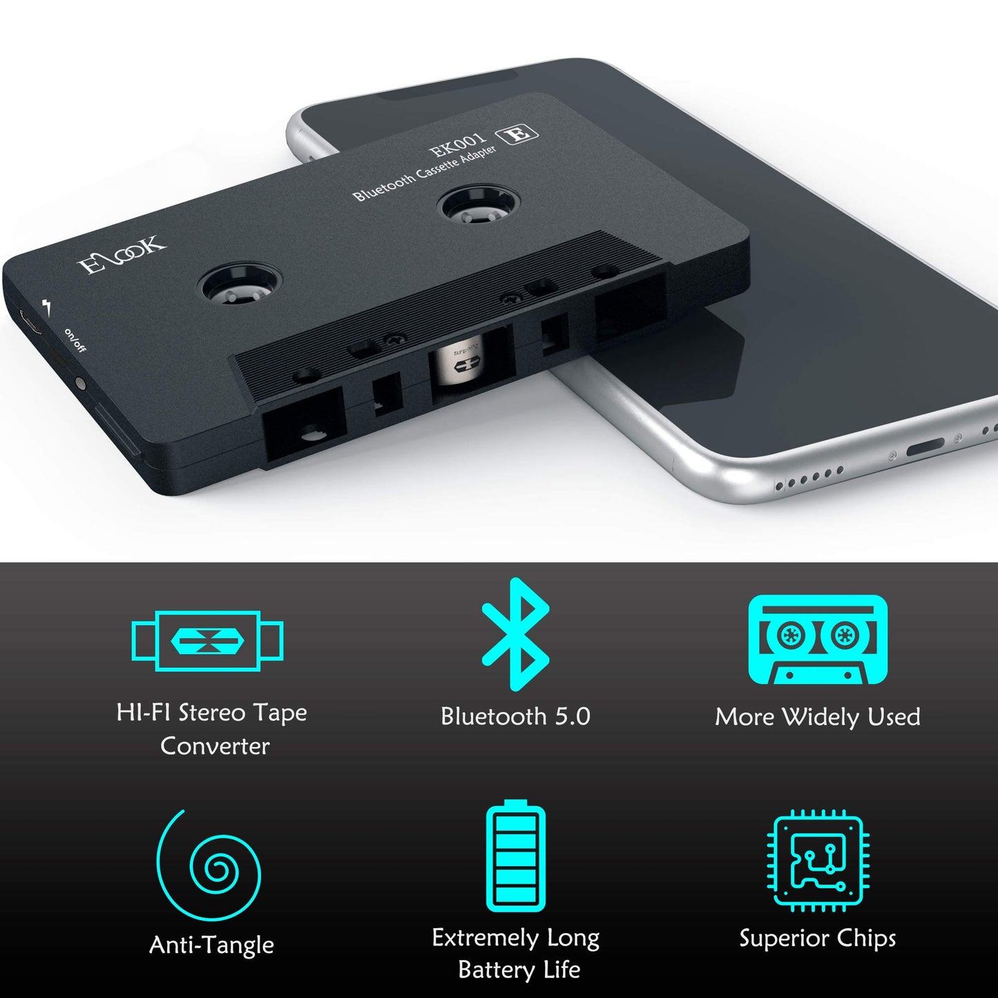 Elook Receptor de Audio para Coche, Receptor de Casete Bluetooth, Adaptador Auxiliar con Bluetooth 5.0