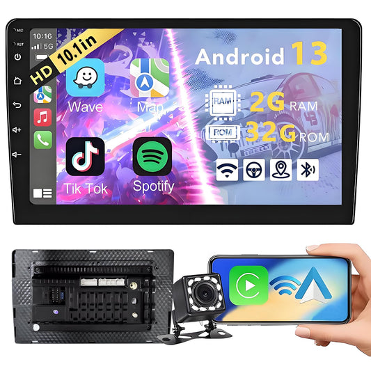 Autoestereos para Carro 10.1", 2+32GB, 2DIN, Pantalla para Auto, Compatible con CarPlay y Android Auto, Android 13, Mirror Link, Cámara de Marcha Atrás, GPS, LPS, Bluetooth, WiFi