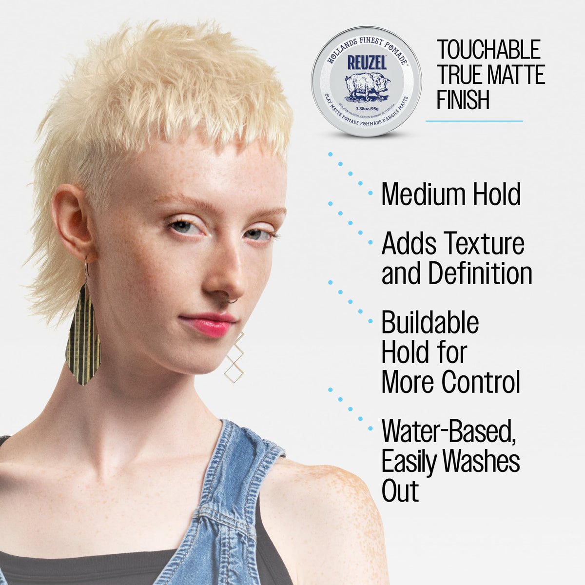 Reuzel Pomada de arcilla mate, pomada sin brillo con fijación media para un estilo y acabado naturales, 3,38 oz/95 g