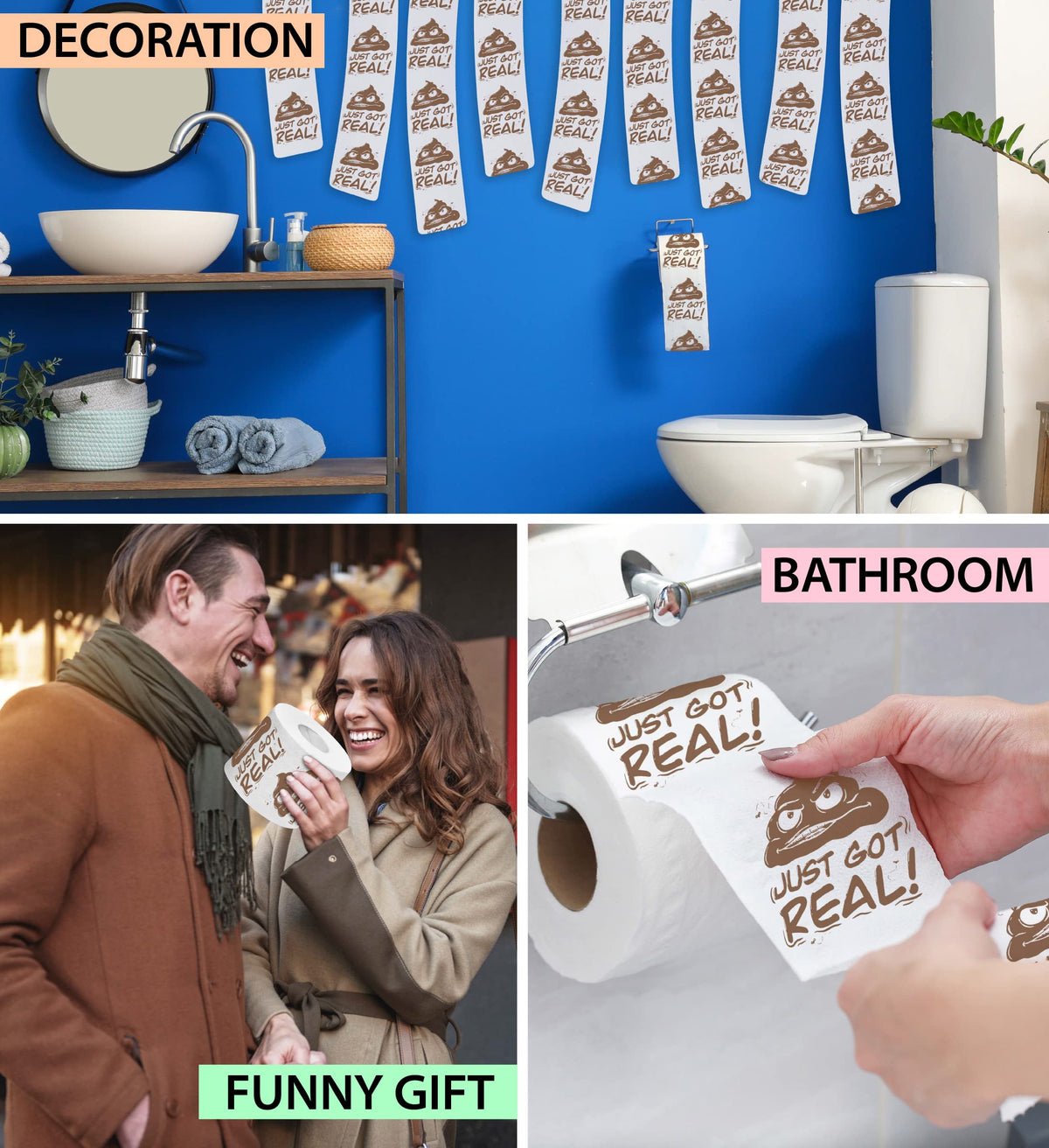 Papel Higiénico Impreso TP Just Got Novedoso para Broma y Decoración para Hombre y Mujer