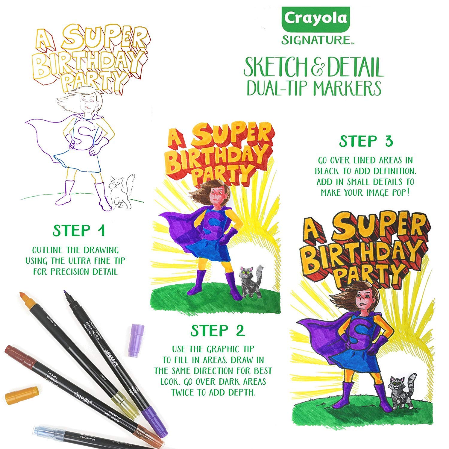 Crayola Signature Sketch & Detail Dual-Tip Markers, Professional Coloring Kit, Crayoligraphy Calligraphy, Gift