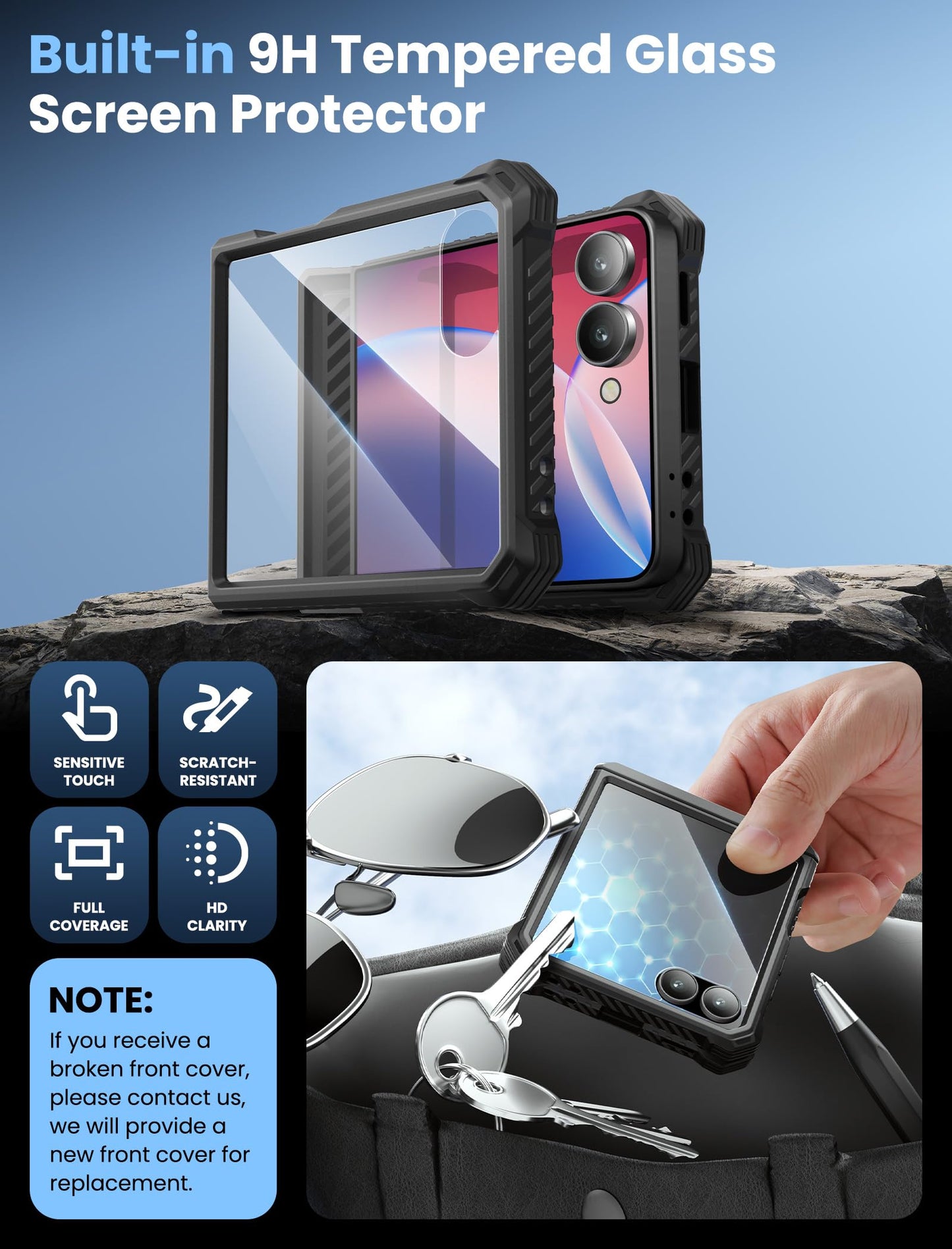 i-Blason Funda para Samsung Galaxy ZFlip 7 [Armorbox] Carcasa con Protector de Pantalla de Vidrio Templado [Protección Militar] Resistente Case con Soporte y Clip para Cinturón - Negro