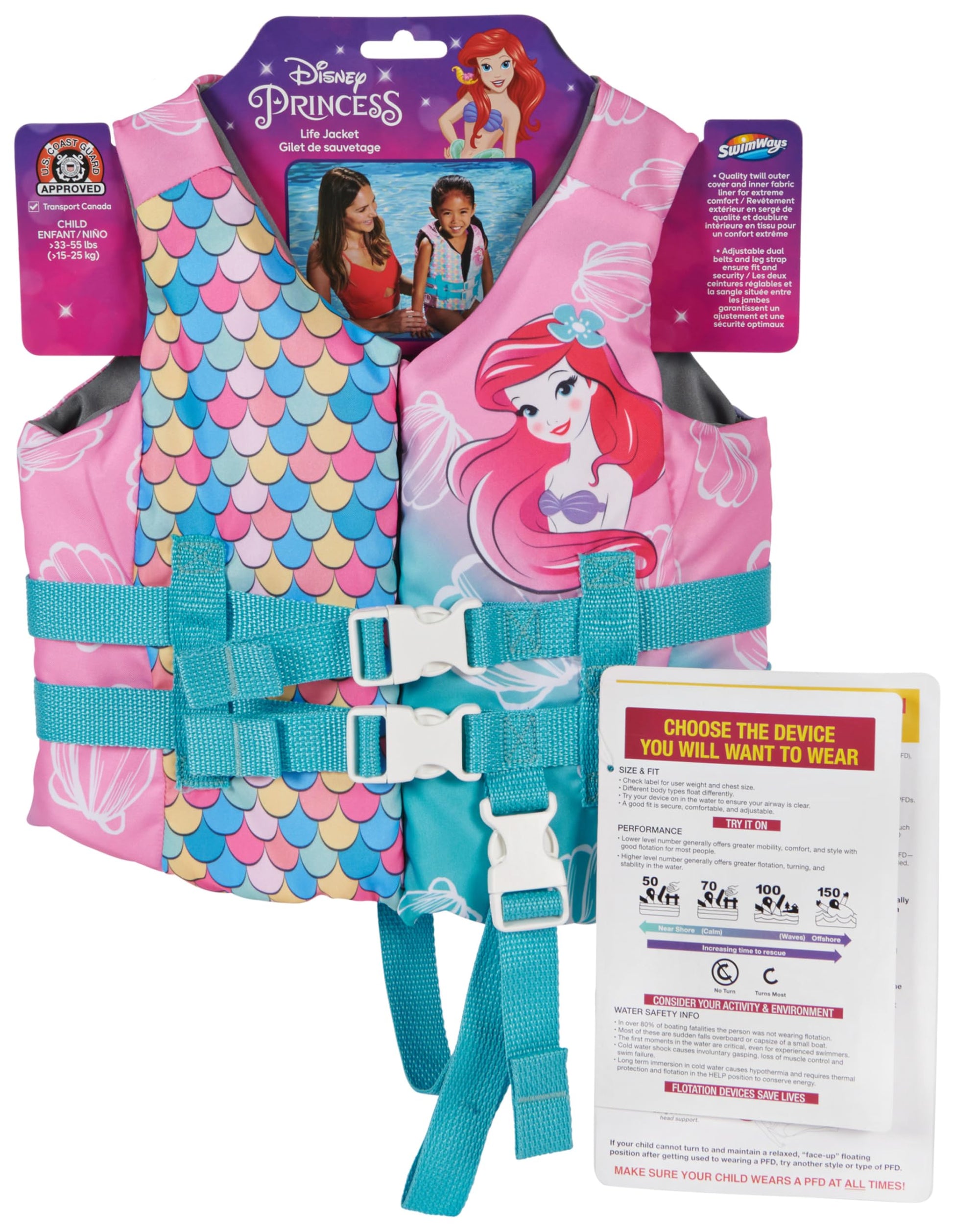 Chaleco Salvavidas Infantil SwimWays Disney Princess Ariel Aprobado Guardia Costera de EE. UU.