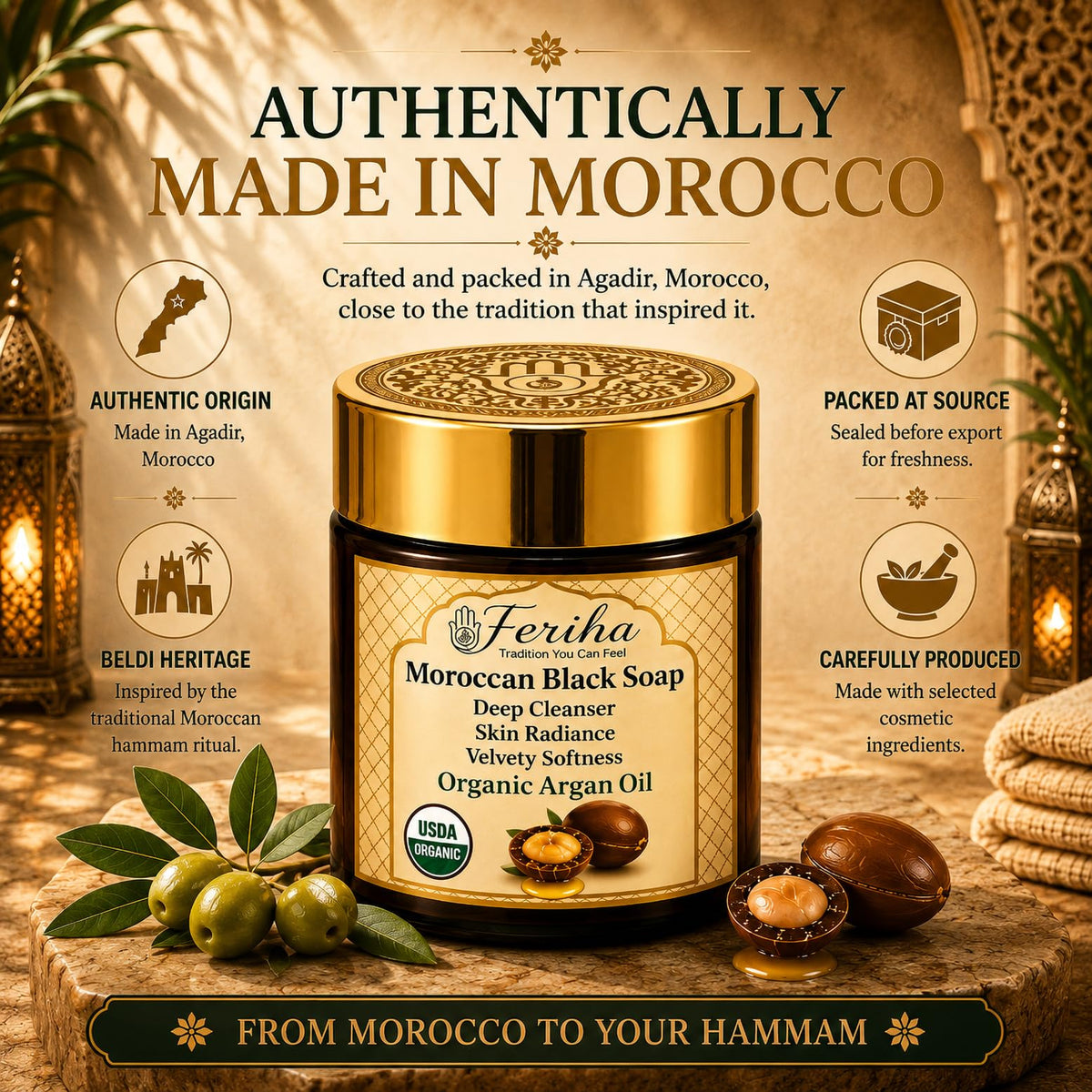 FERIHA- Jabón negro marroquí de primera calidad con aceite de argán orgánico, 100% auténtico, jabón artesanal Beldi, de origen Cr