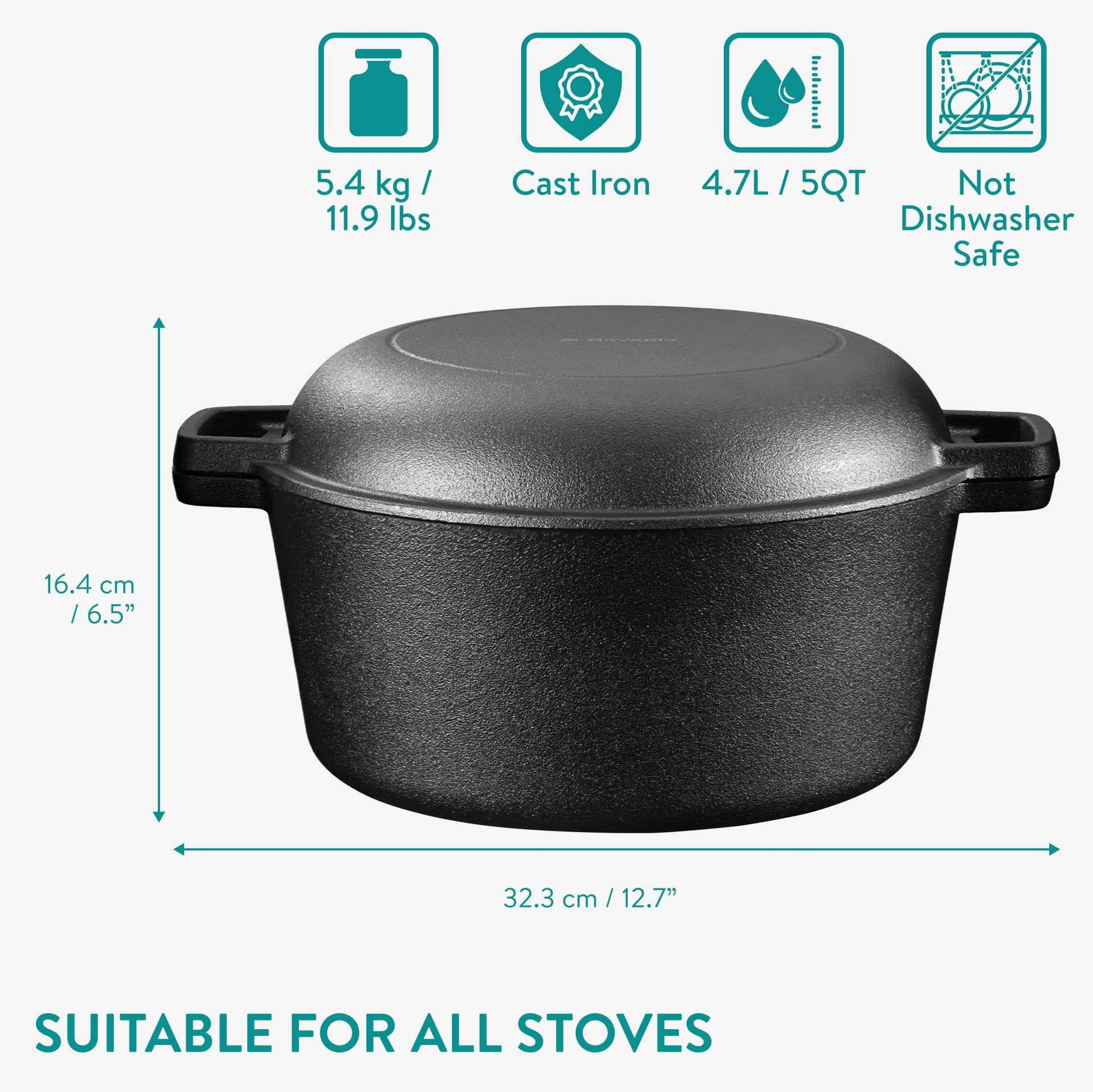 Navaris Sarten Hierro Fundido con Tapa - Sartén Holandesa con 2 Asas - Apta para Cualquier Cocina y Horno - Sartén sazonada 32 cm de 4,7 l de Capacidad - con Manual y Recetas