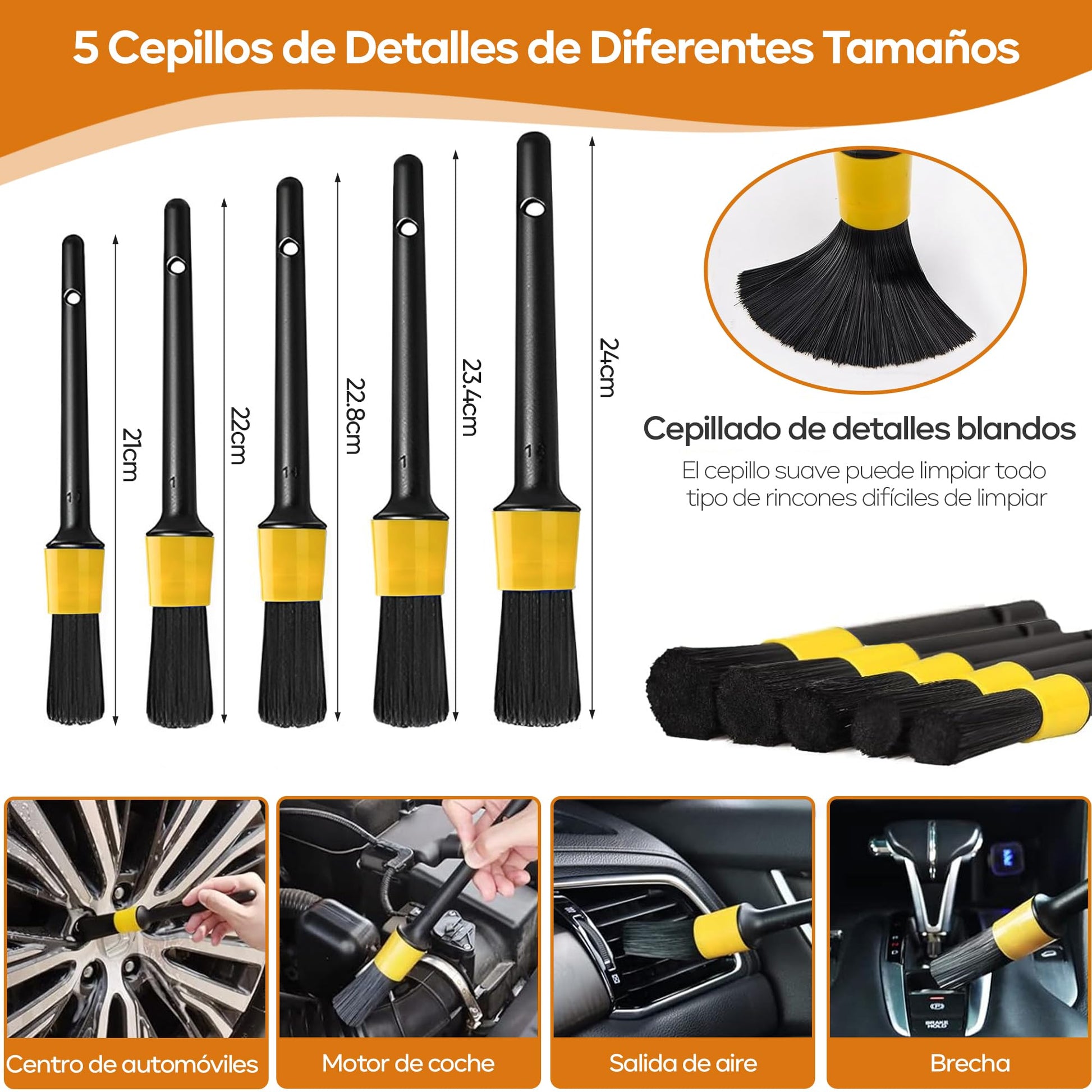 Juego de Cepillos RONLADO Negro para Limpieza de Coches y Detallado para Hombre