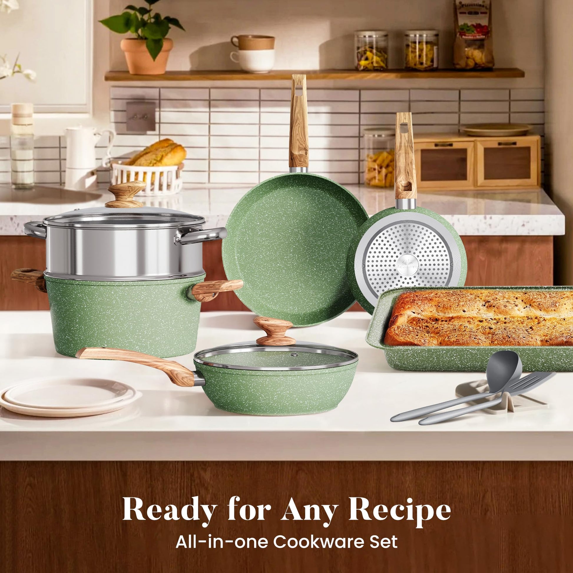 Kitchen Academy - Juego de utensilios de cocina de inducción de 17 piezas, juego de ollas y sartenes de granito verde, juego de sartenes antiadherentes