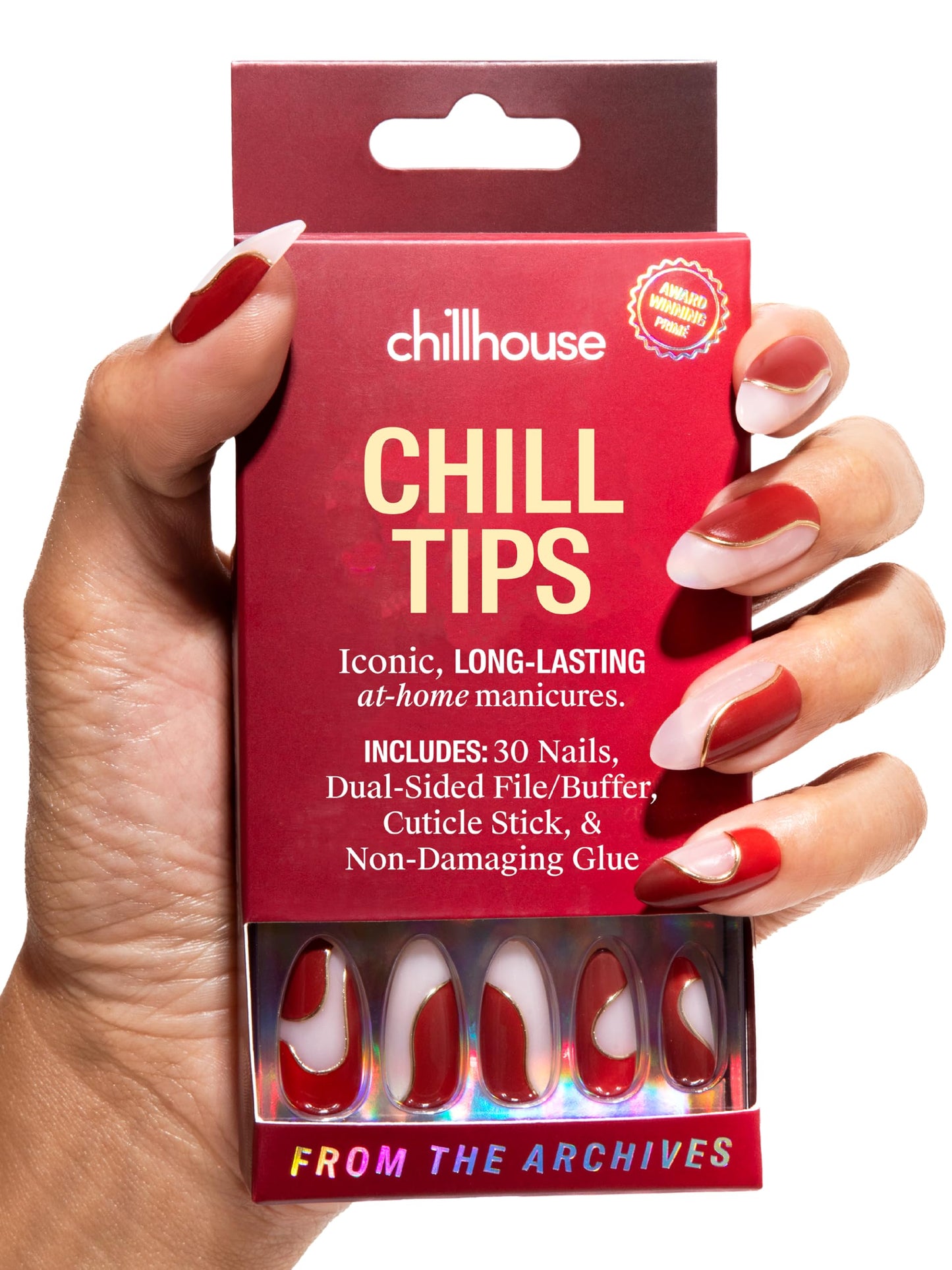 Chillhouse - Kit de Uñas Chill Tips, Press on - De los Archivos (Almendra) - 30 Formas y Tamaños de - Hasta 2 Semanas de Uso - Ajuste Personalizable - Reutilizable - Fundado por Latinas y Propied
