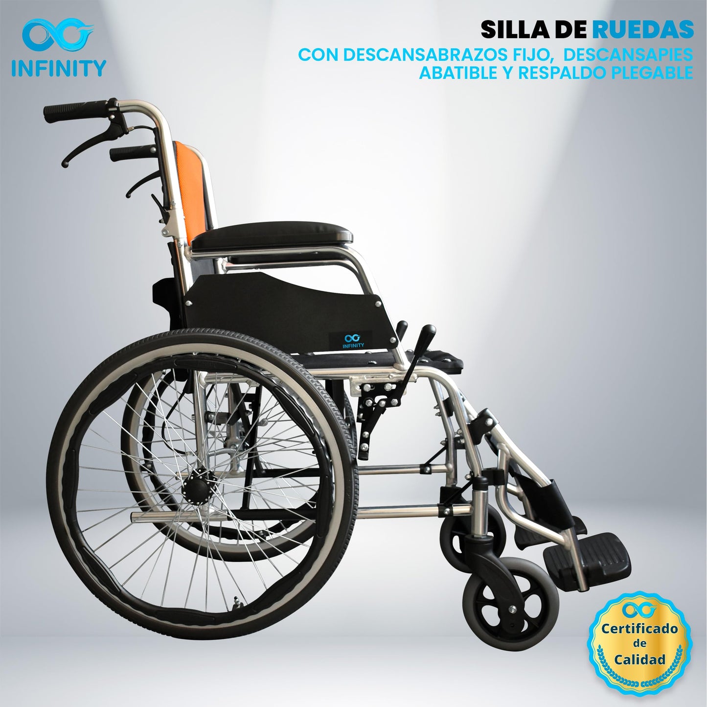 INFINITY | Silla de Ruedas Todo Terreno Ligera de Aluminio con Respaldo Plegable y Doble Sistema de Frenado (Negro-Naranja)