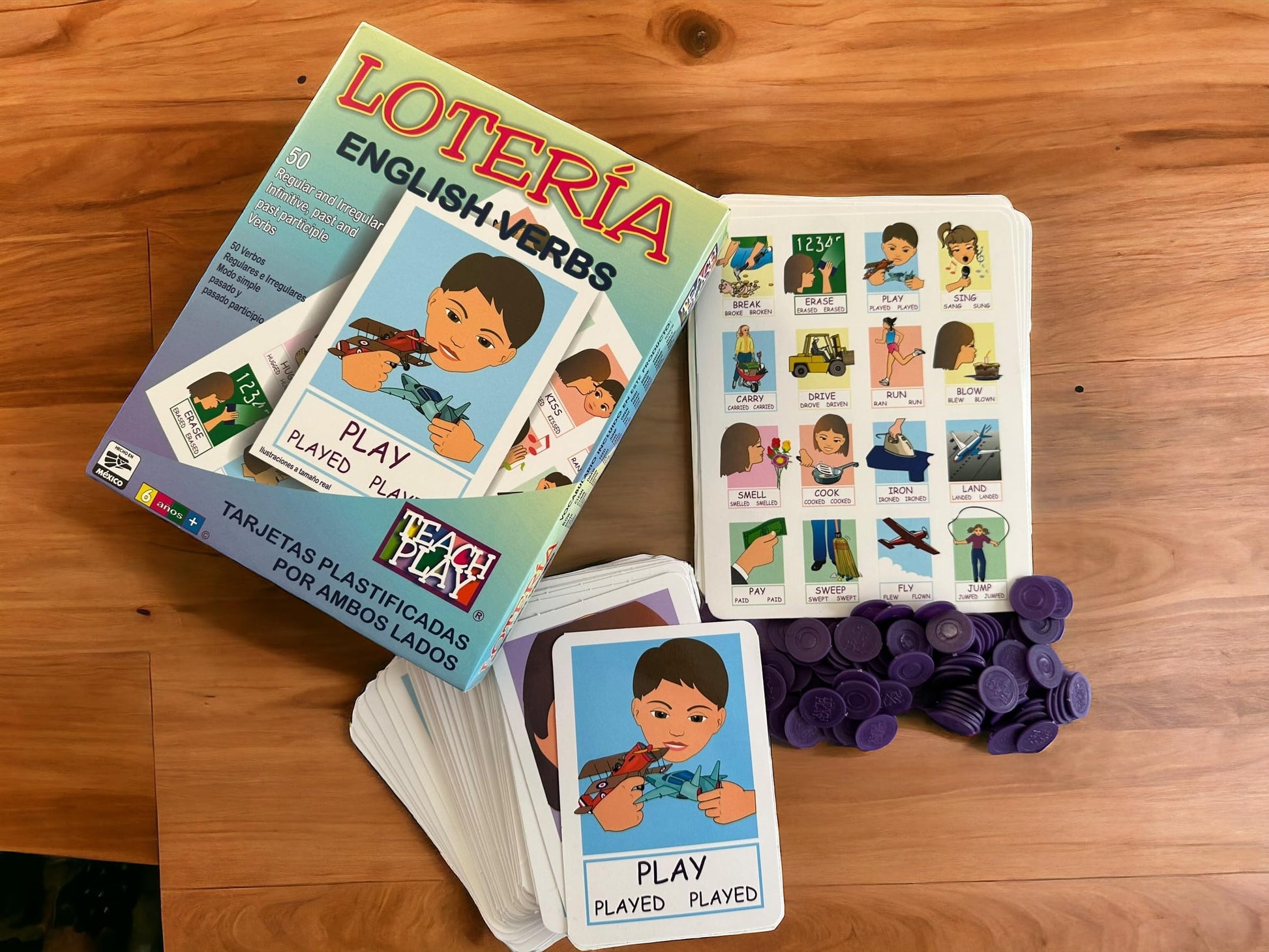Juego Lotería Didáctica Teach Play Azul con Verbos en Inglés para Niños y Adolescentes