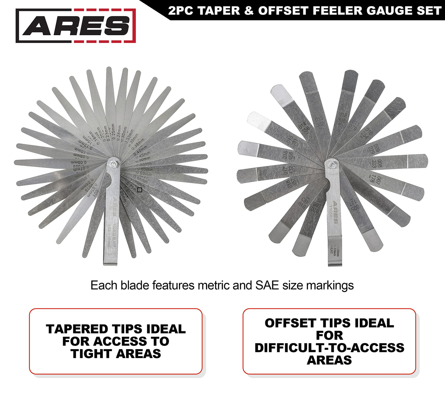 ARES 11042-Juego de 2 calibradores cónicos y sensores de compensación tiene 32 tamaños SAE y métricos de doble marca – El desplazamiento tiene 16 tamaños de doble marca – Mide con precisión las