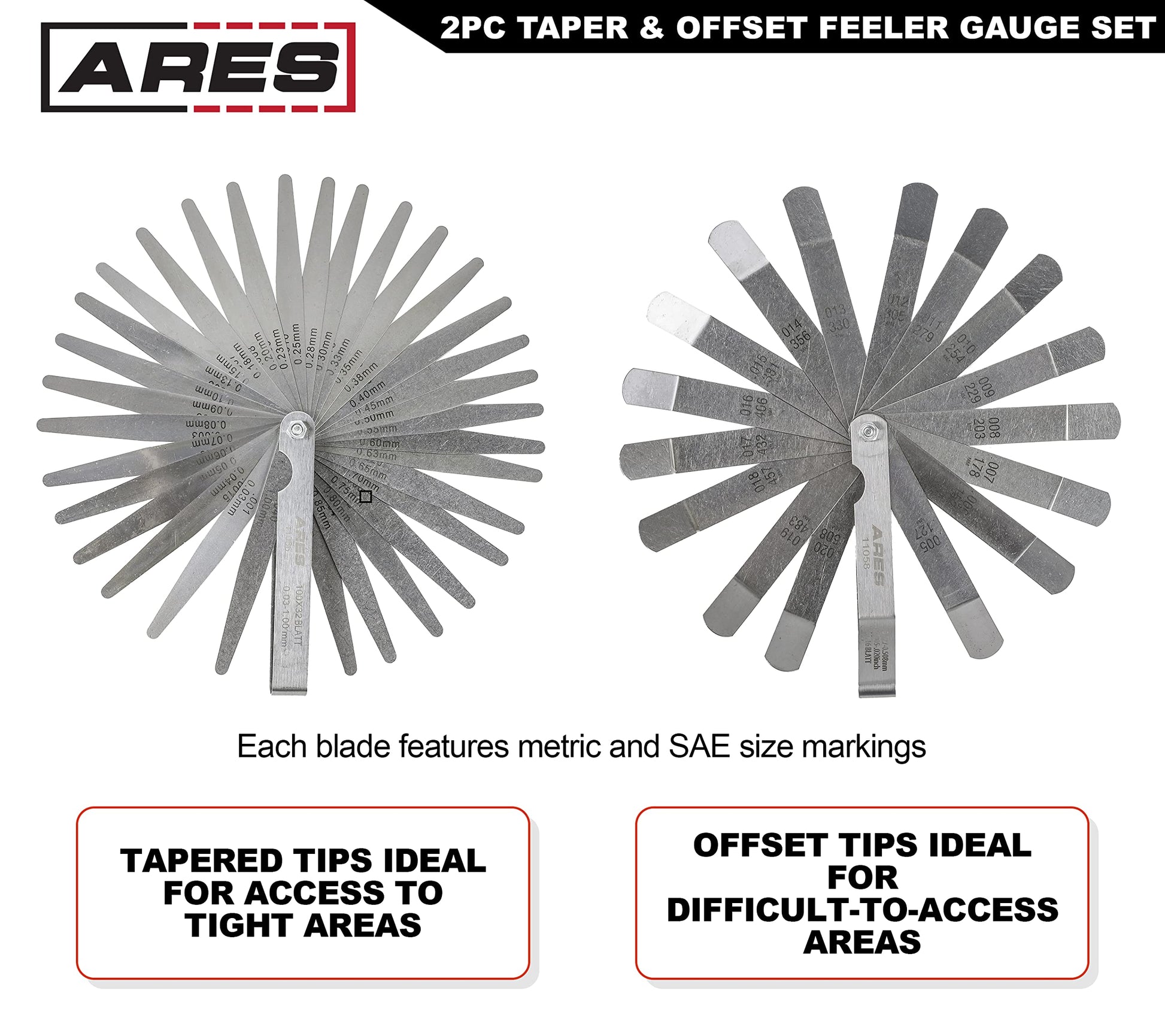 ARES 11042-Juego de 2 calibradores cónicos y sensores de compensación tiene 32 tamaños SAE y métricos de doble marca – El desplazamiento tiene 16 tamaños de doble marca – Mide con precisión las