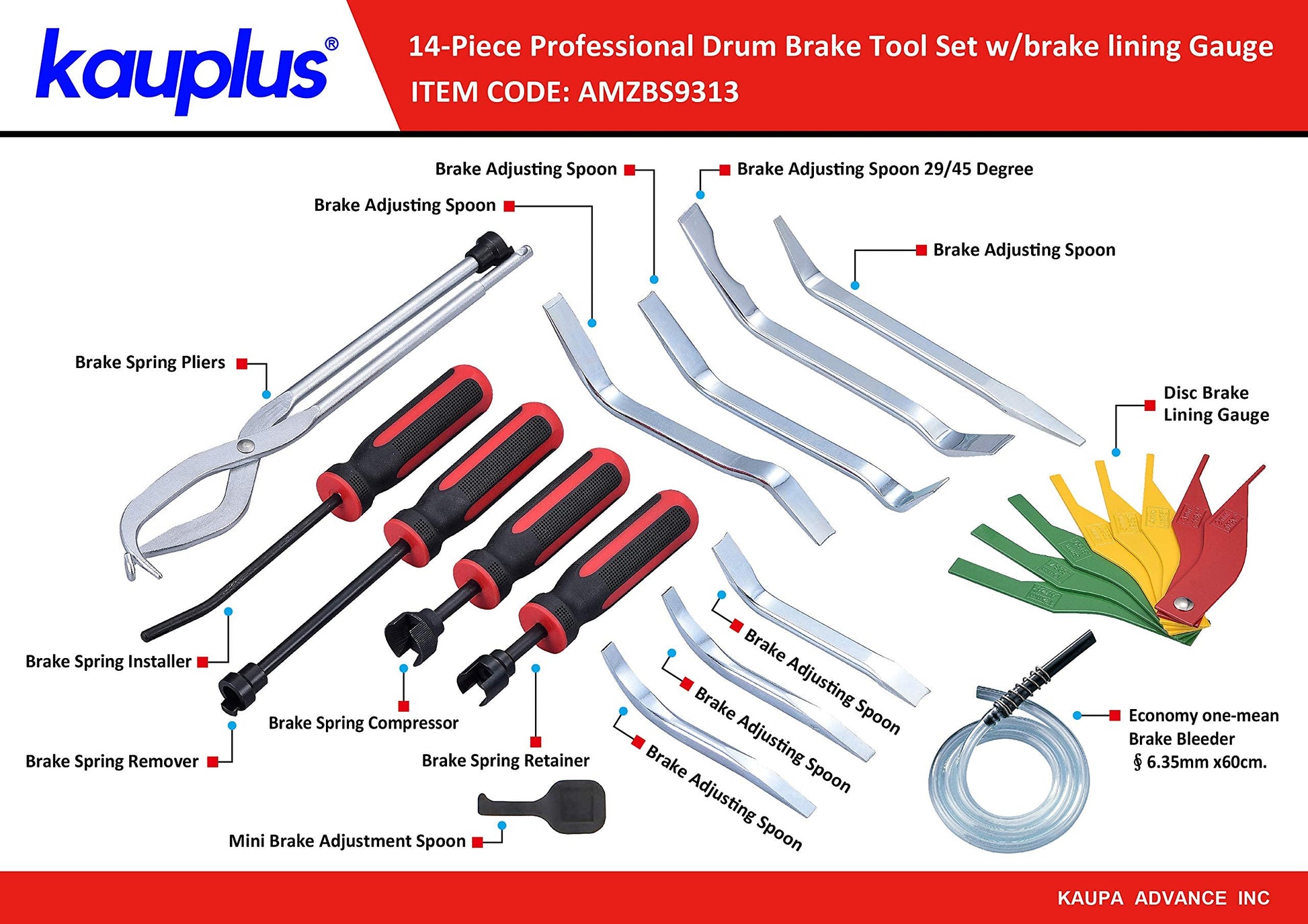 Kauplus Kit de servicio de frenos, juego de herramientas de freno de tambor profesional de 14 piezas con calibre de forro de freno..