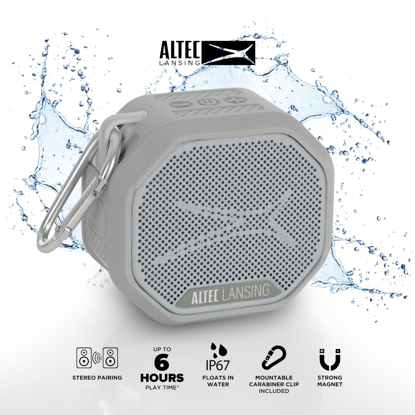 Altec Lansing HYDRATREK - Altavoz magnético Bluetooth, Impermeable IP67, Altavoz portátil, emparejamiento inalámbrico Verdadero, Carga rápida USB-C, batería de 3.7 V 400 mAh, Asistente de Voz,
