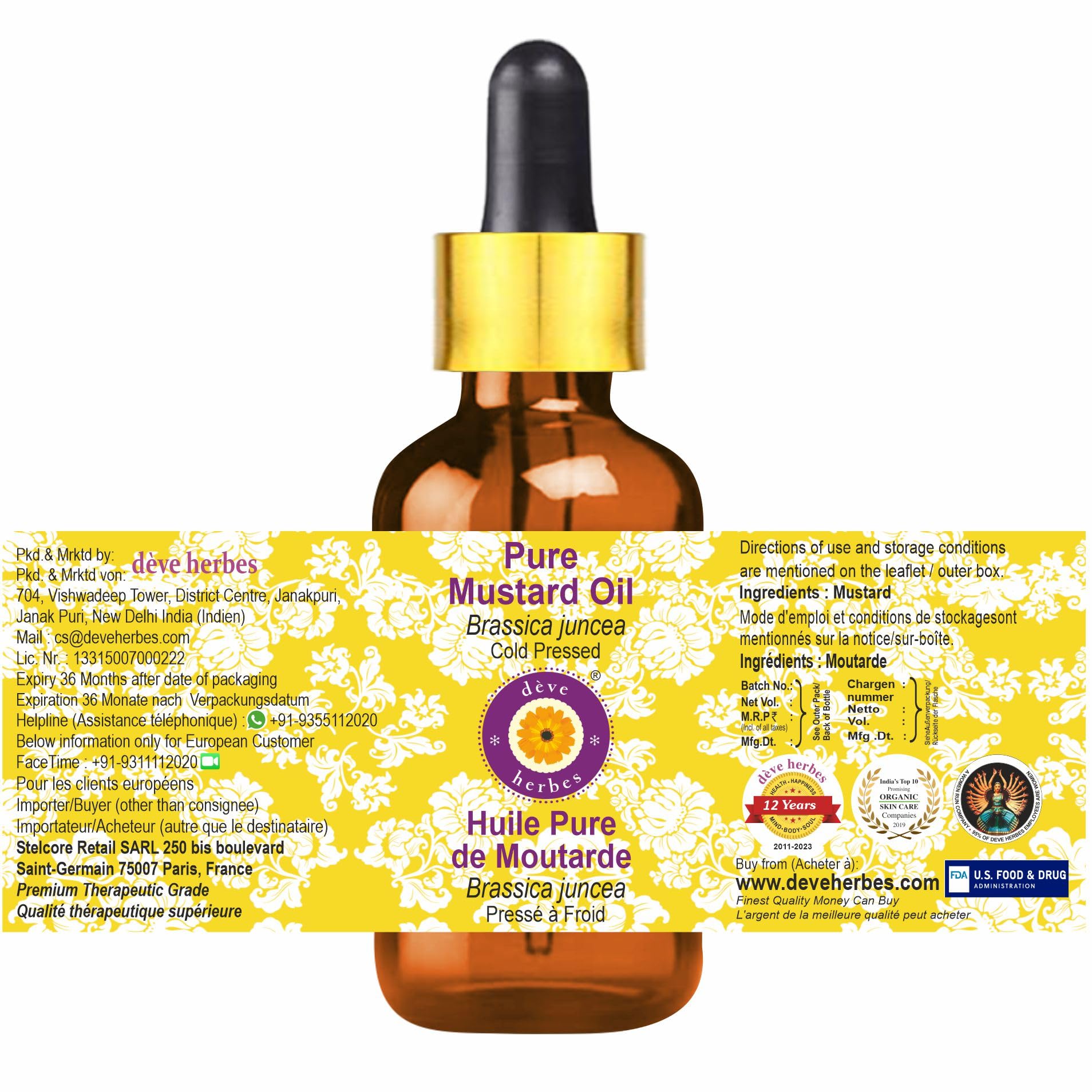 Deve Herbes Aceite de mostaza puro (Brassica juncea) con gotero de vidrio 100% natural de grado terapéutico prensado en frío, 15 ml