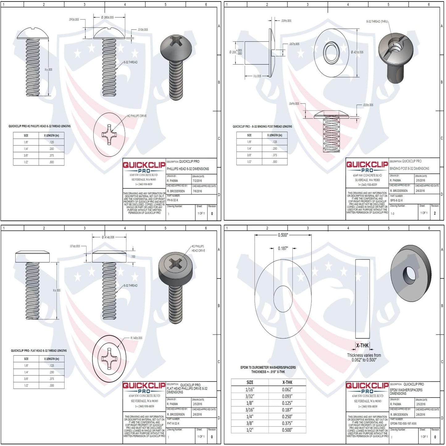 Tornillo negro Chicago – Kit de encuadernación de poste 1/8, 1/4, 3/8, 1/2 abierto ranurado trasero + arandelas de goma, Phillips Truss Head QuickClipPro Kydex funda de piel, Negro, 1/4" Flat Head - 10 Pack DBL-WASHER