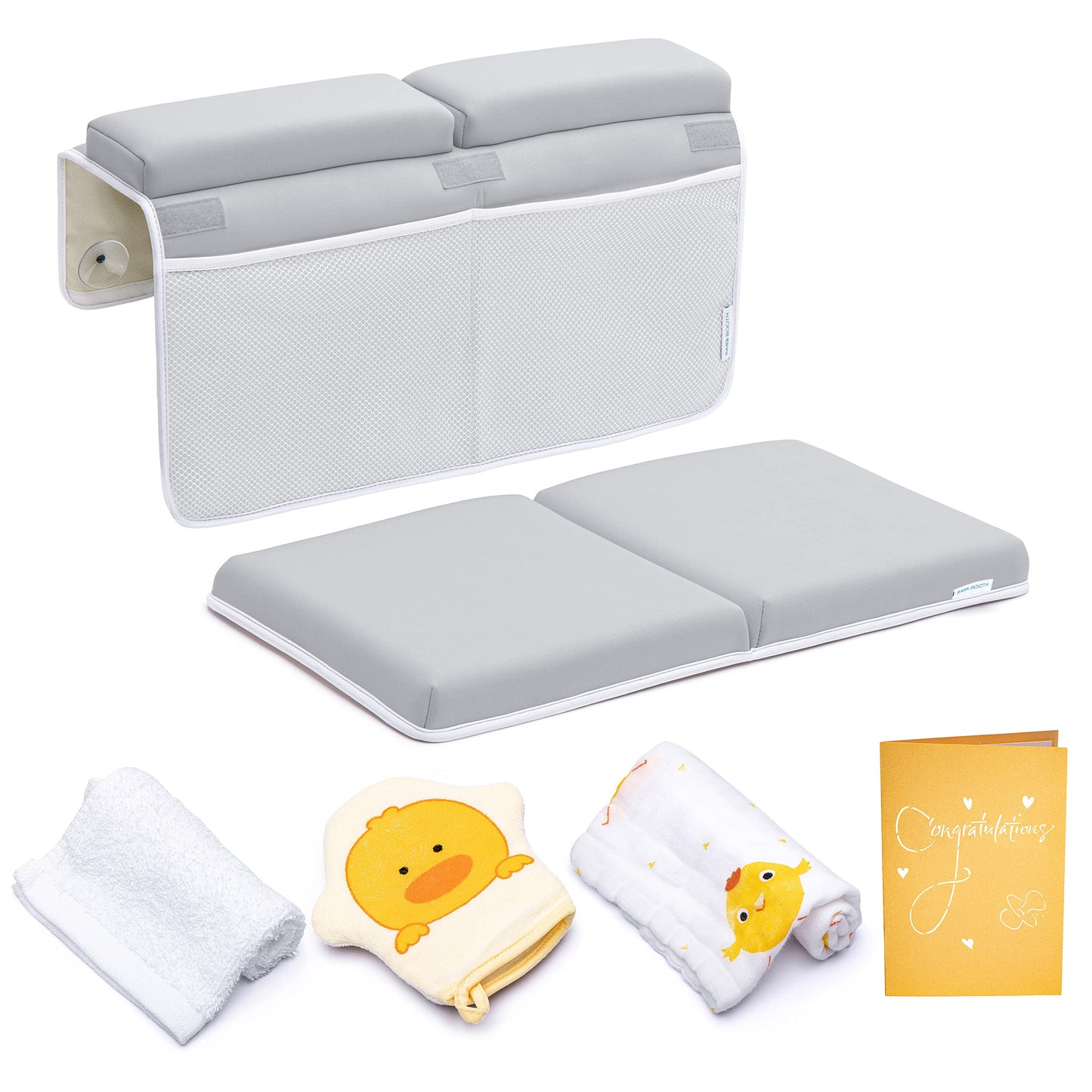 Almohadilla de baño para rodillas y coderas, 4,4 cm, extra gruesa, almohadilla para rodillas y codo para bañera. Codera para bañera con organizador de juguetes para bebés y accesorios para bebé, color gris