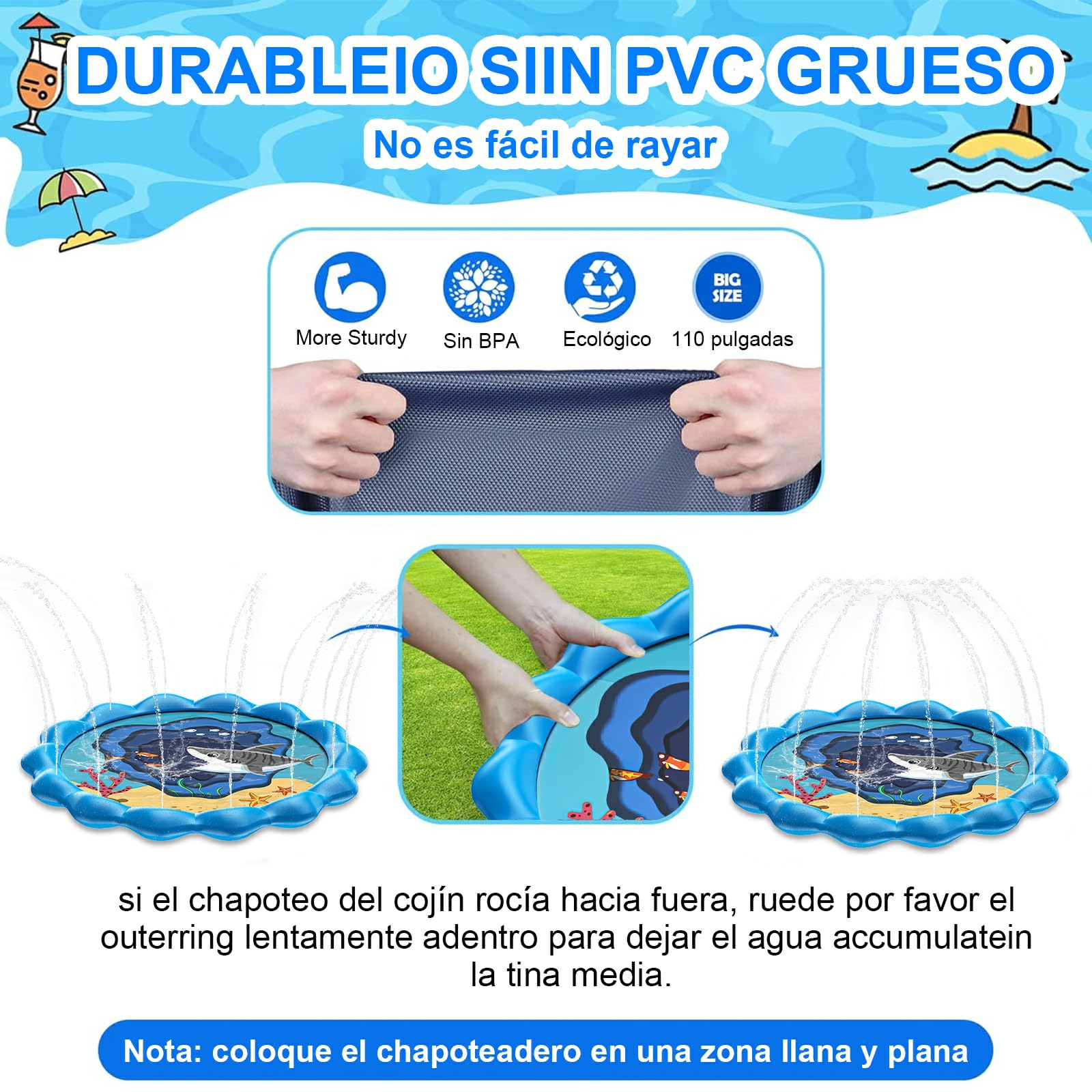 Alberca UIEYAKFR Azul 170CM Ssplash Pad Grueso y Duradero para Niños y Perros