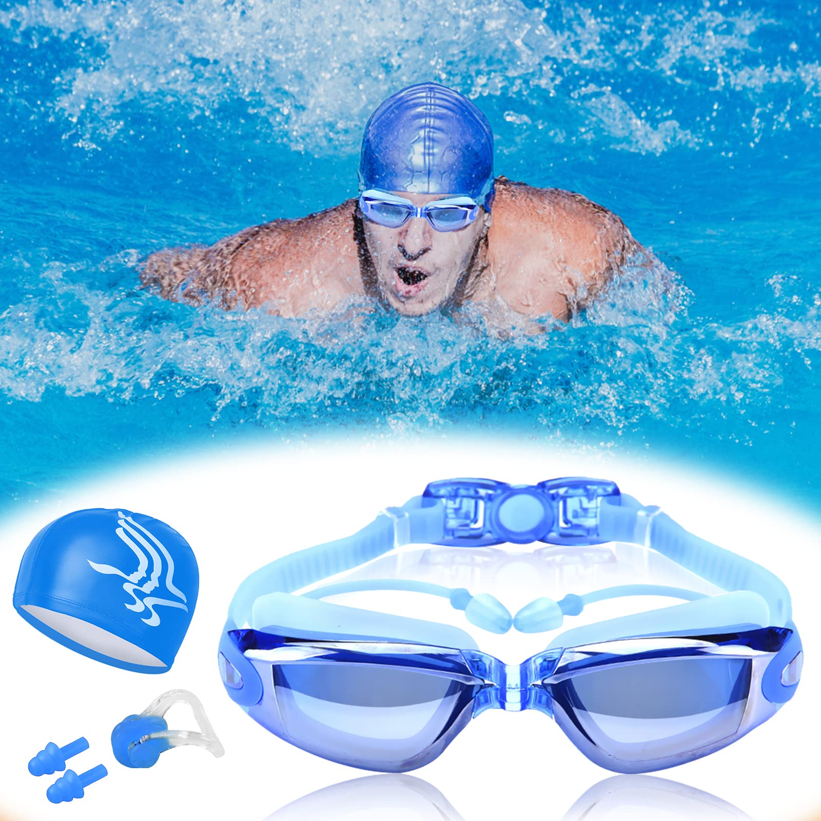 Gafas de Natación, Kit de Natación 5 en 1, Incluye Gafas de Natación, Gorro de Natación, Auriculares y Clips para la Nariz, Bolsa de Natación, Adecuado para Hombres y Mujeres Adultos y Niños Azul