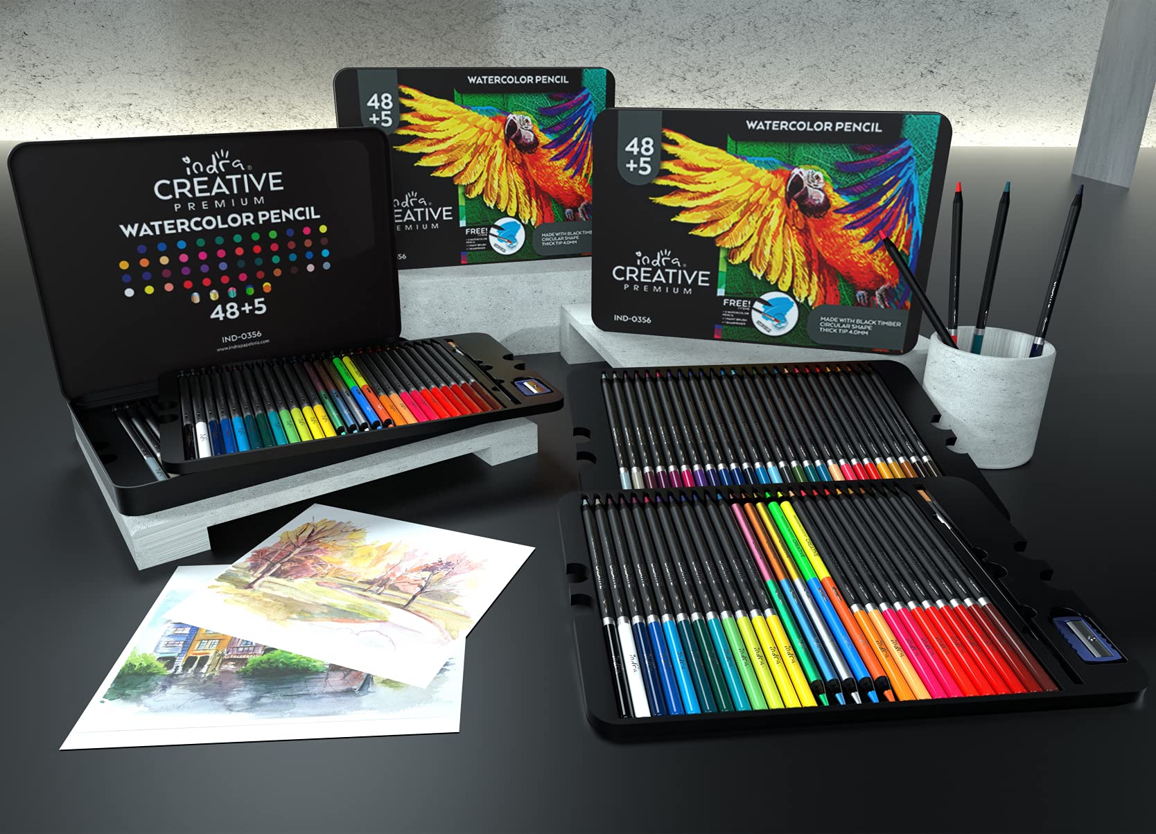Colores acuarelables Indra Creative 48+5 lápices profesionales de acuarela con pincel y sacapuntas para adultos y niños