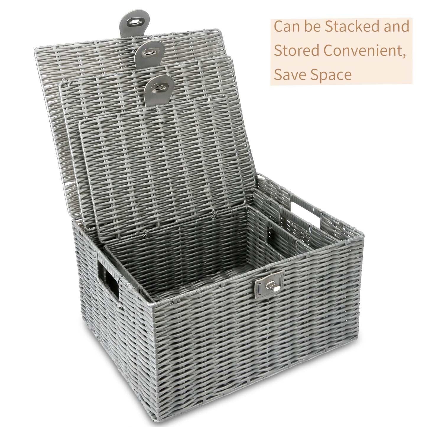 Honygebia - Cestas de almacenamiento de mimbre gris – Juego de 3 cajas decorativas con tapas, cesta tejida con cerradura y asa, organizador para maquillaje de belleza decoración de baño