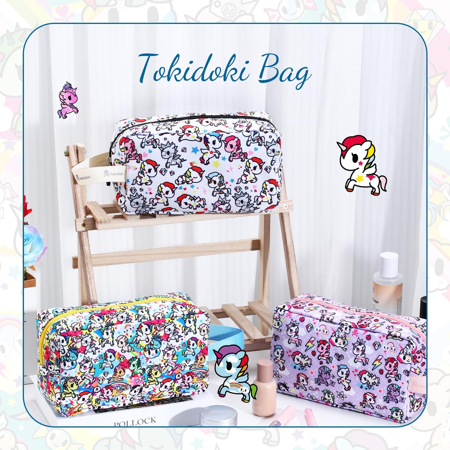 Tokidoki Unicorno Bolsa de maquillaje de viaje para mujer, bonita bolsa de cosméticos de gran capacidad, bolsa de artículos de cambiador portátil de dibujos animados para viajes, trabajo, oficina