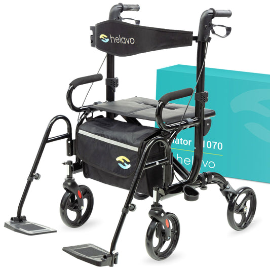 Helavo Andador y Silla de Ruedas 2 en 1 con Ruedas Todo Terreno, Silla de Ruedas Plegable de Aluminio con Reposapiés - Convertible en Silla de Transporte, 136 kg de Capacidad, Confort Ergonómico