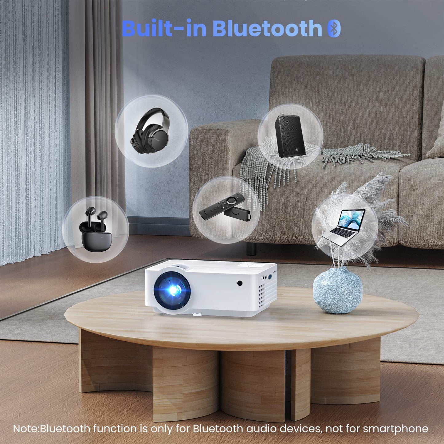 Groview Proyector, Mini proyector Bluetooth 1080P con visualización de proyector de 100 Pulgadas, para Exteriores 9500 Lux para teléfono, Compatible con VGA/HDMI/USB/SD/Laptop/Fire Stick/PS5, T6