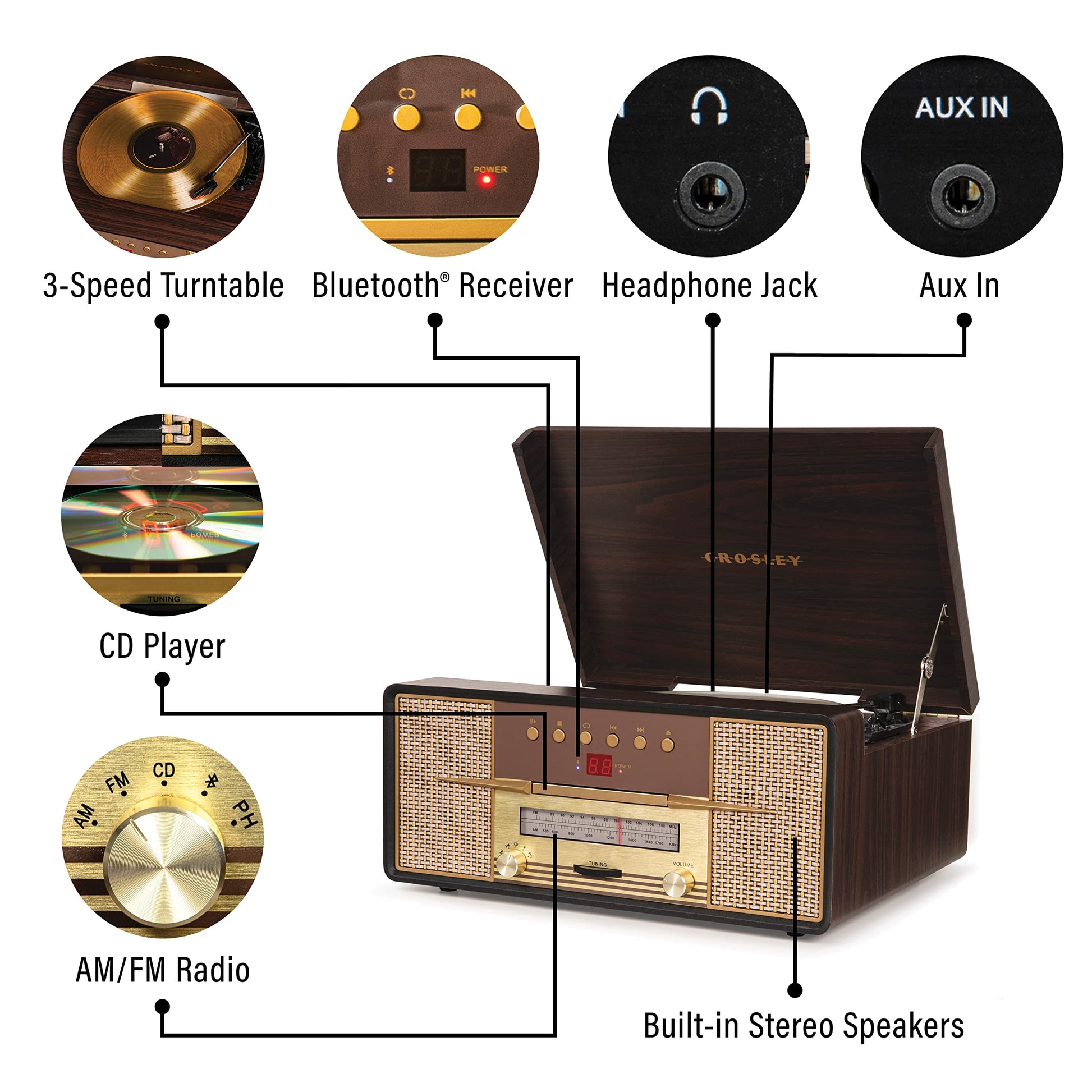 Crosley CR7016A-MA Rhapsody - Tocadiscos de 3 velocidades con Bluetooth, Radio Am/FM, Reproductor de CD y Entrada Auxiliar, Caoba
