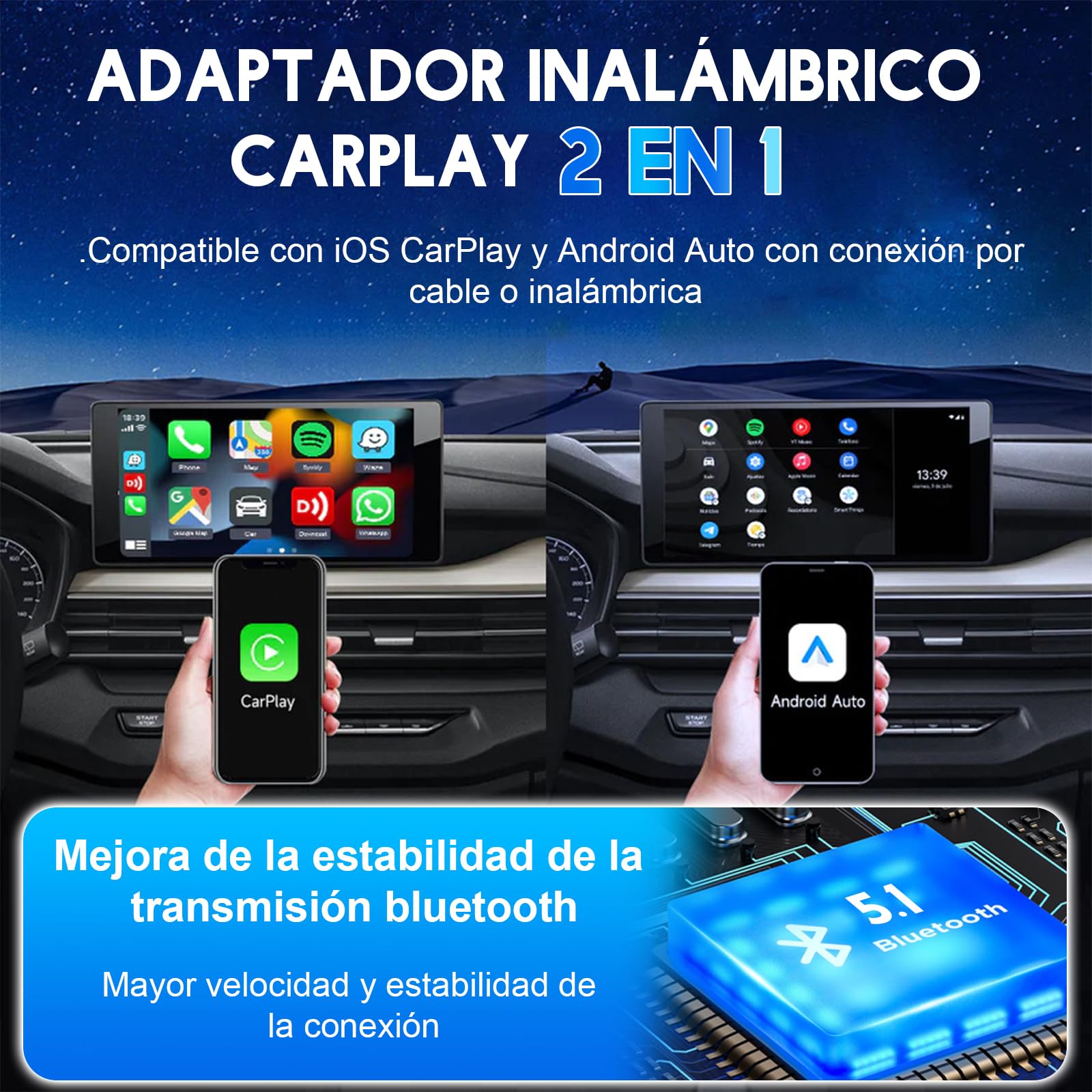 CarPlay Inalambrico y Android Auto 2 en 1 Bluetooth 5.1/WIFI,Adaptador USB Carplay con Función de Reinicio,Convierte Adaptador Cableado en inalámbrico Carplay /Android Auto para Automóviles 2016+
