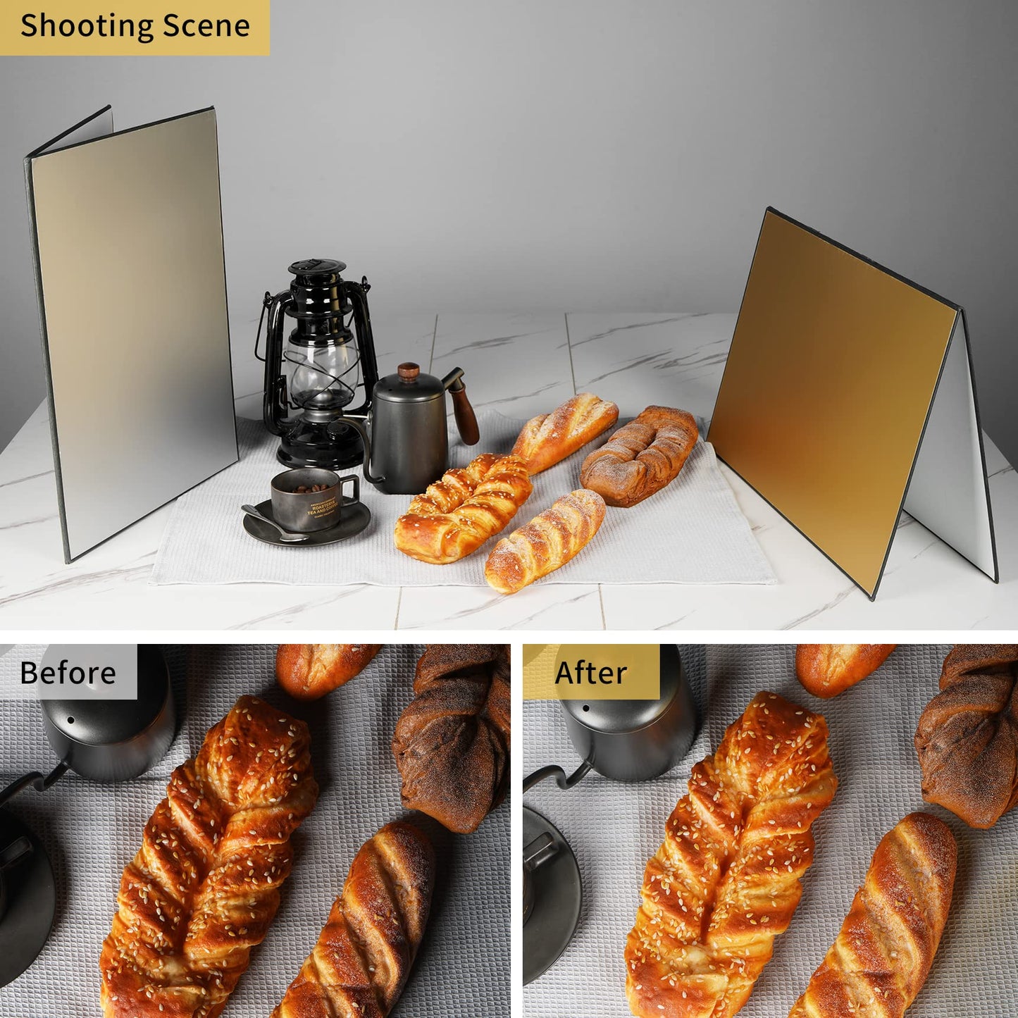 Meking - Reflector de luz 3 en 1 de cartón para fotografía, diseño de estudio de fotografía plegable de 17 x 12 pulgadas, color dorado, plateado y negro, blanco, paquete de 2