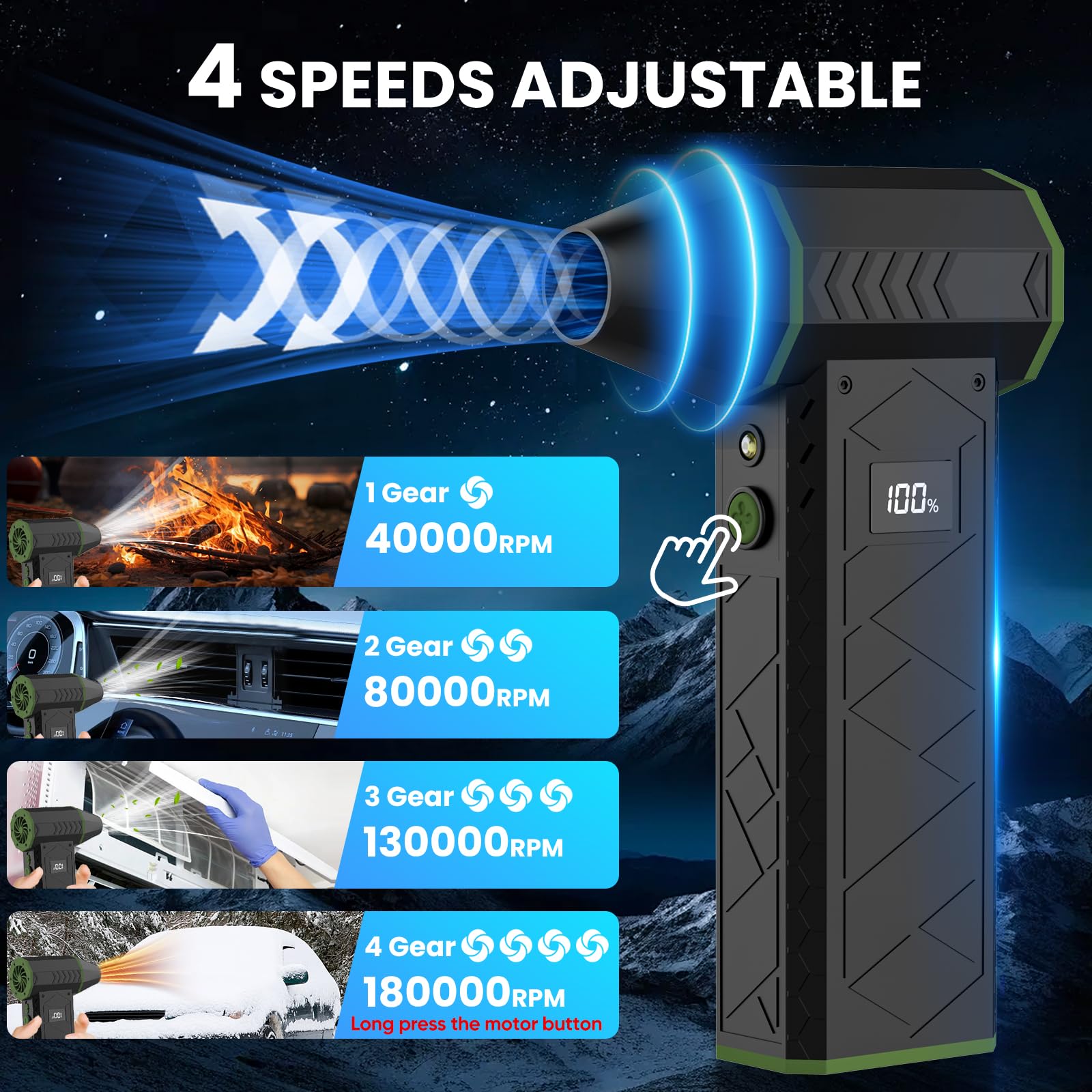 AUKZON Plumero de Aire Comprimido Eléctrico 180000 RPM 4 Velocidades con Linterna LED Recargable 10000 mAh Multiusos para Hogar Oficina Exterior y Coche