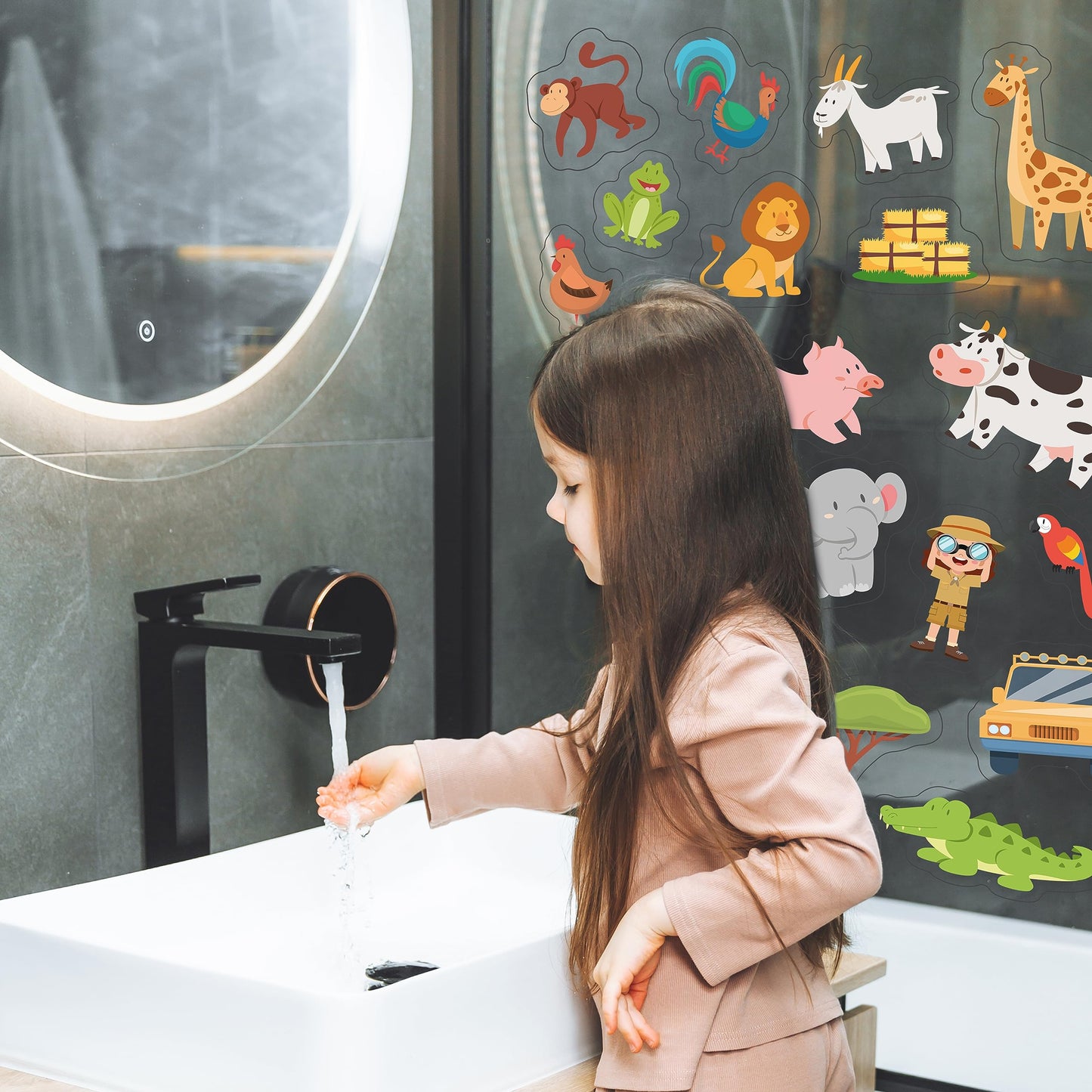 WALPLUS - Calcomanías de gel para ventana para niños pequeños, calcomanías de ventana, removibles, reutilizables, para cuarto de bebé, aula, suministros para fiestas, safari y animales de granja, 28