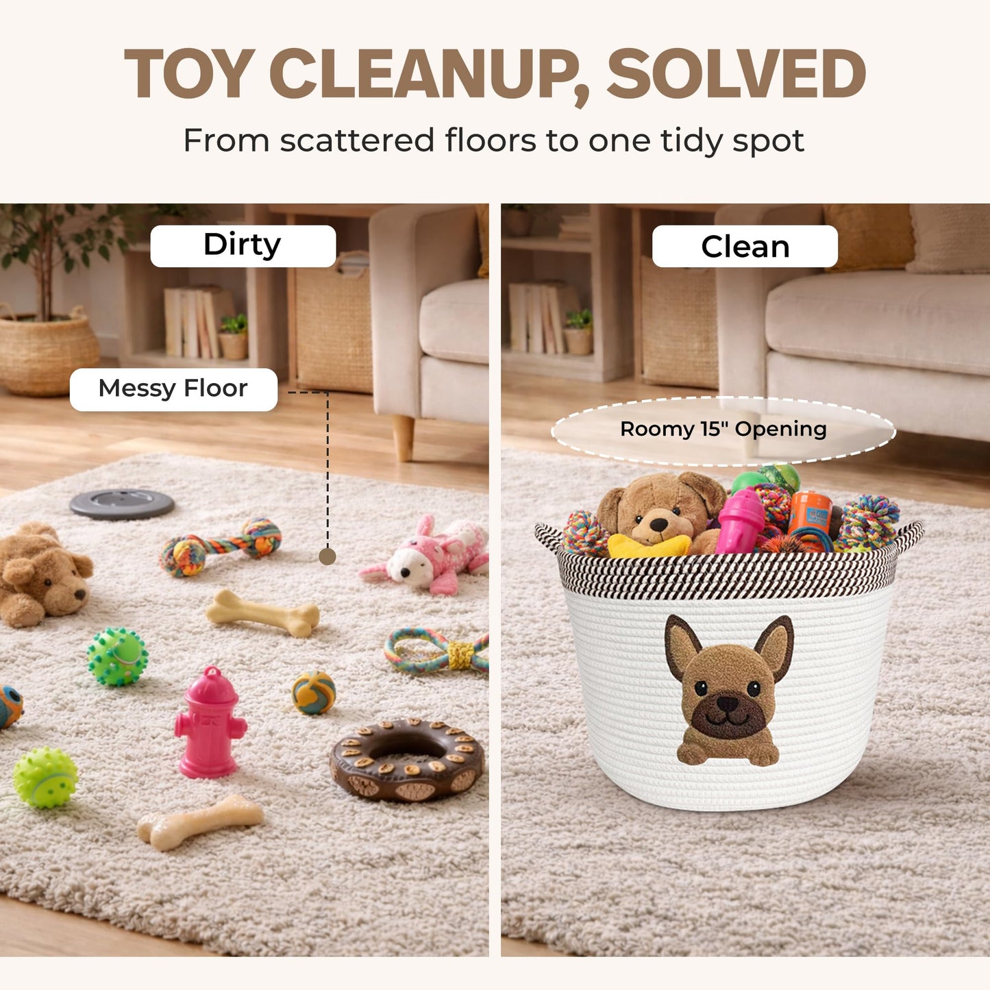 Cesta de juguetes para perros French Bulldog, Pug y Boston Terrier, cesta de almacenamiento tejida de cuerda de algodón de 15x11 pulgadas con parche de cachorro, organizador grande para mascotas para