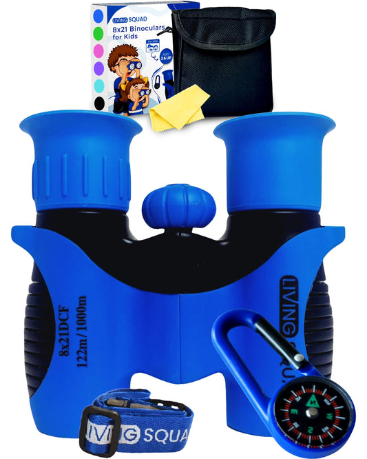 Living Squad - Prismáticos para niños, 8 x 21 Pulgadas, Color Azul, para niños de 3 a 12 años, a Prueba de Golpes, para niños con óptica de Alta resolución, Funda, Correa para el Cuello