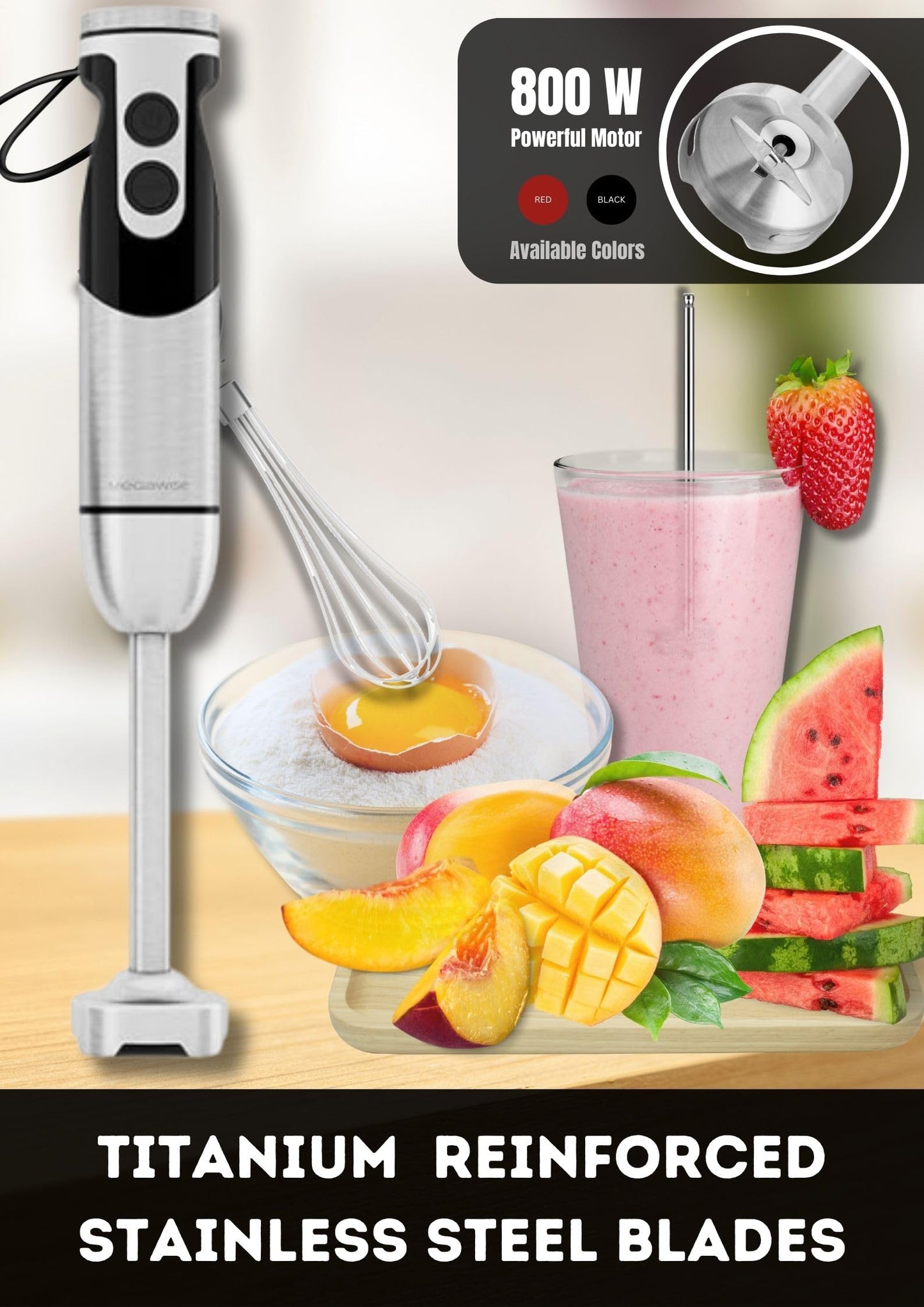 Licuadora de mano de alta potencia Megawise: potencia máxima de 400 W con accesorios versátiles 3 en 1 (eje de licuado, batidor, picadora), con velocidad ajustable y fácil mantenimiento (negra)