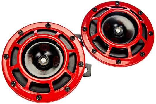Hella Stark Sound - Juego de bocina Super Tone - 109.23.37 - set rojo de 12V, frecuencia alta/baja, B 133, 12 voltios