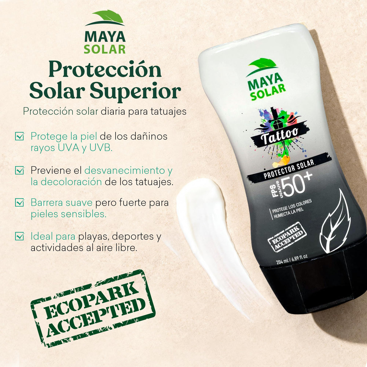 Maya Solar Bloqueador para Tattoos FPS 50+ | Triple Acción Especializada | Hidratación Intensiva | Previene Decoloración UV | Ingredientes Naturales y Eco-Amigable