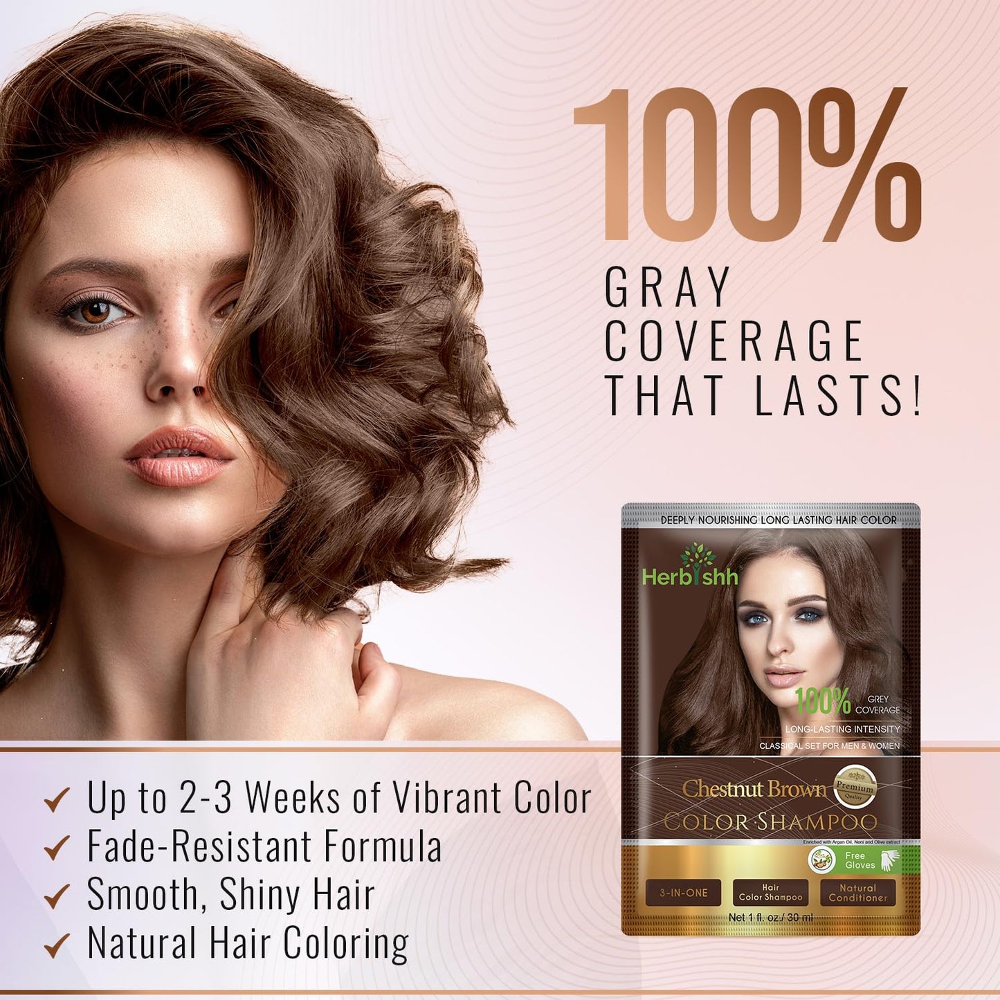 Herbishh Hair Color Shampoo for Gray Hair– Hair Dye Shampoo with Argan Hair Mask–Tamaño de viaje-Tiñe el cabello en minutos–Color de larga duración–10pack+1pack (Chestnut Brown)