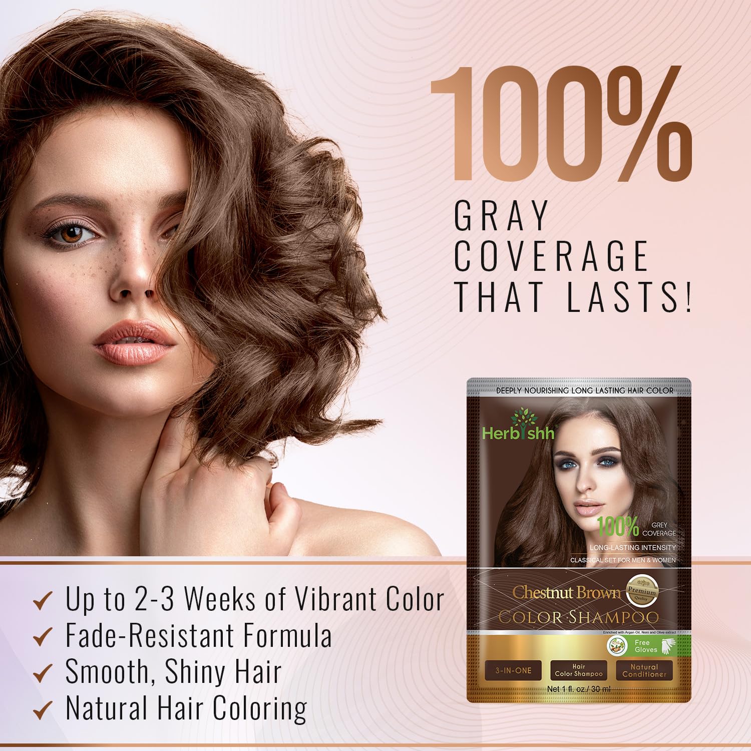 Herbishh Hair Color Shampoo for Gray Hair– Hair Dye Shampoo with Argan Hair Mask–Tamaño de viaje-Tiñe el cabello en minutos–Color de larga duración–10pack+1pack (Chestnut Brown)