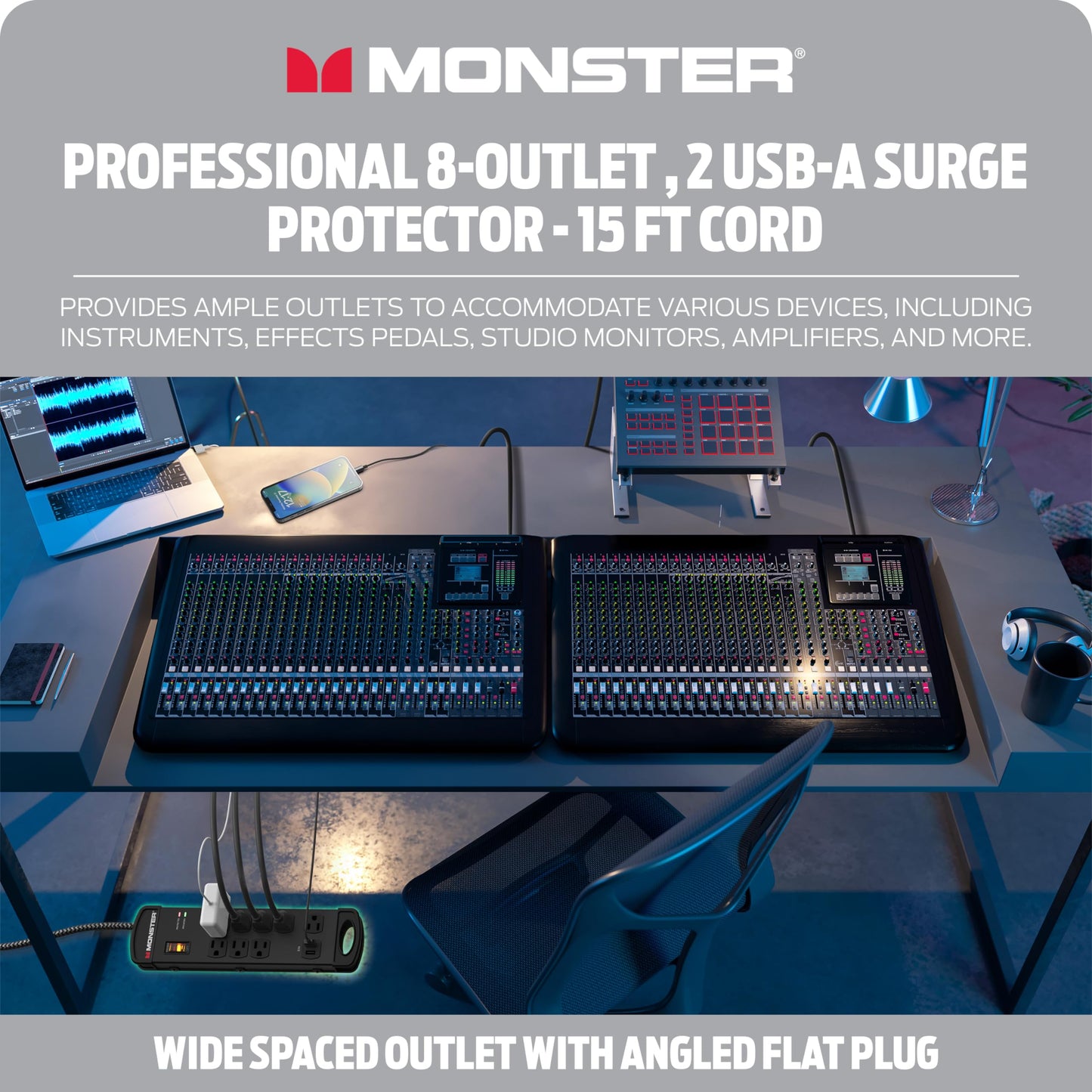 Tira de Alimentación Monster Pro MI Negra con Protección contra Sobretensiones Ignífuga para Equipos de Audio Profesional