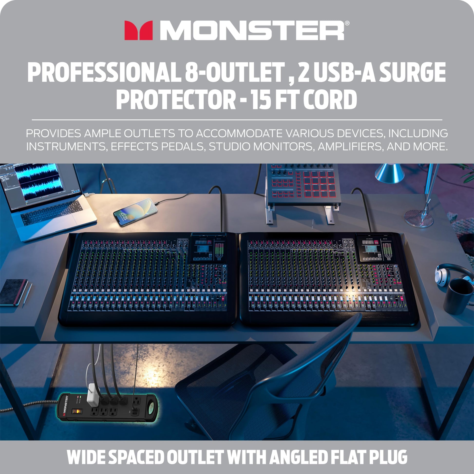 Tira de Alimentación Monster Pro MI Negra con Protección contra Sobretensiones Ignífuga para Equipos de Audio Profesional