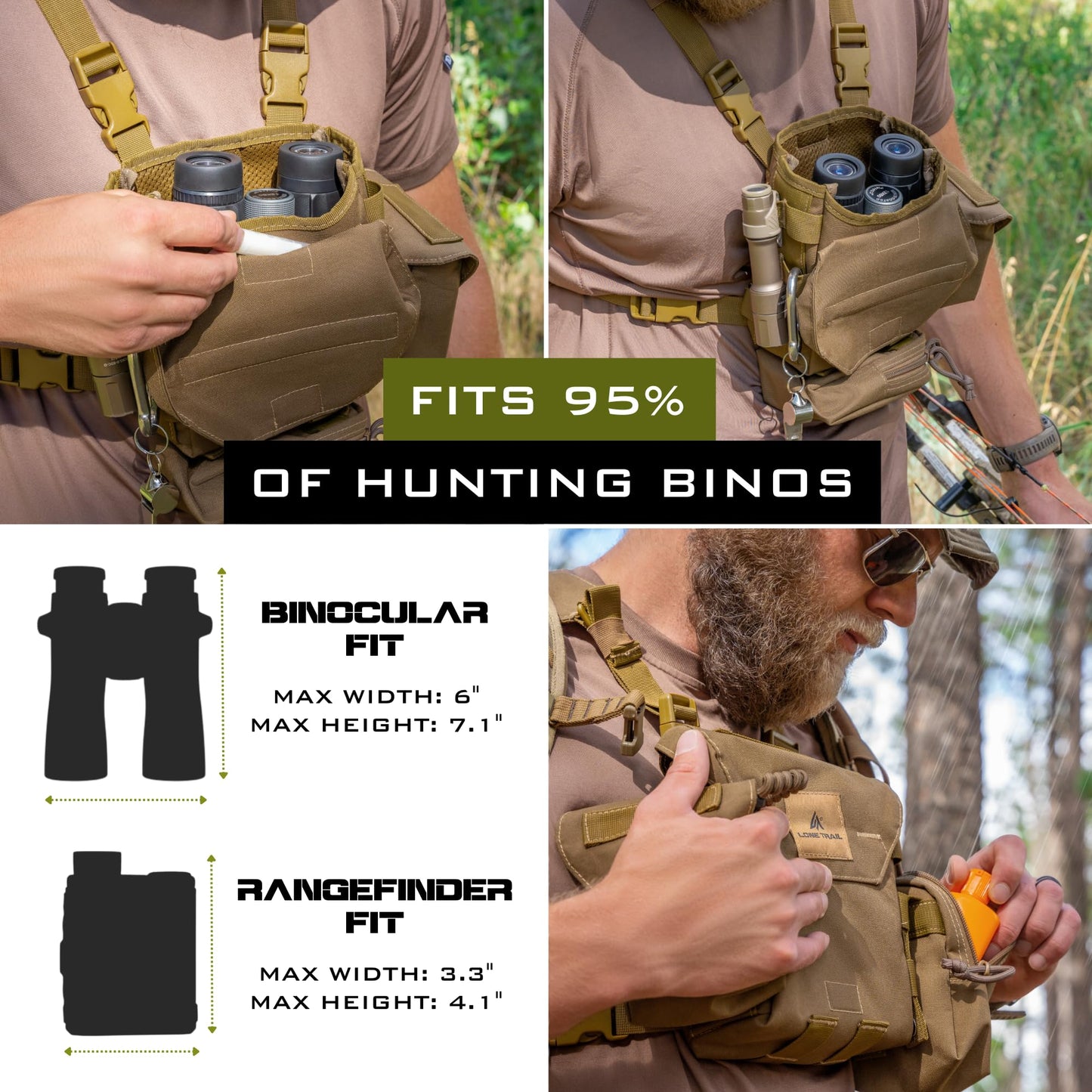 Lone Trail - Arnés binocular impermeable para el pecho – Arnés bino ligero con bolsa de telémetro, funda binocular arnés de pecho con cierre magnético silencioso, sistema MOLLE equipo de caza para