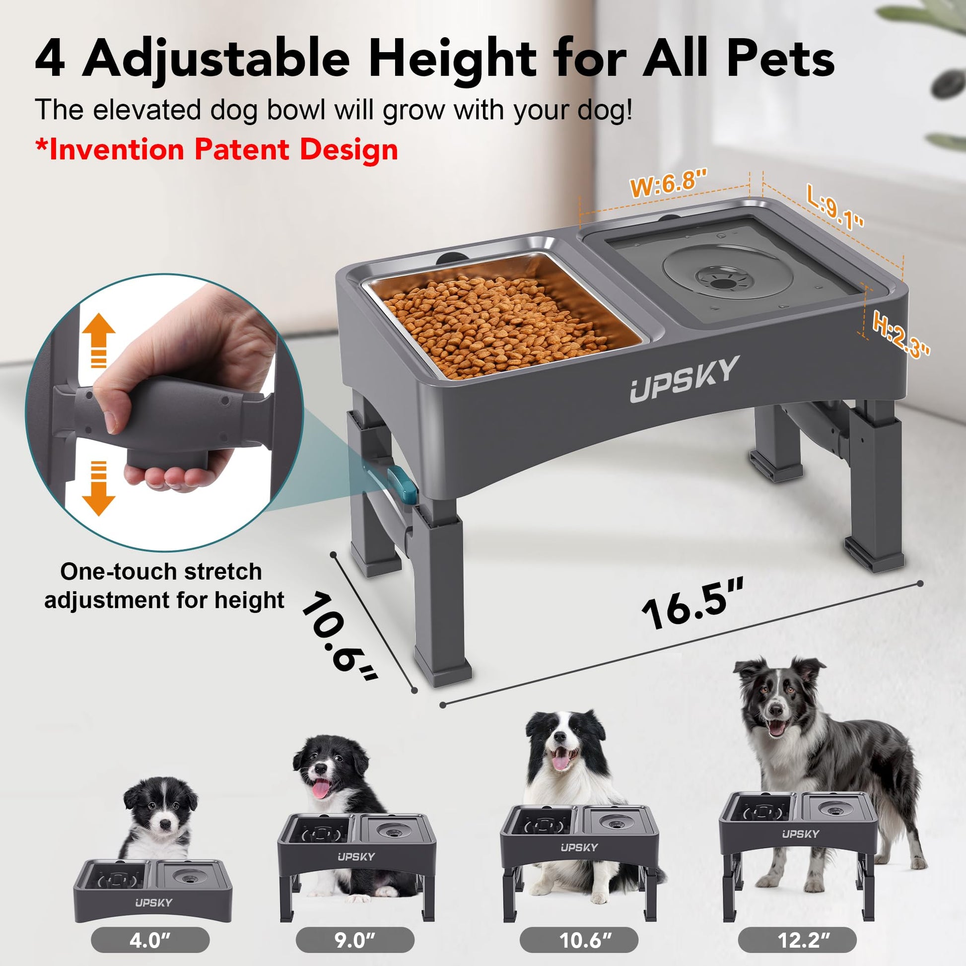 Cuencos Elevados UPSKY 4 Alturas Ajustables comedero Lento y dispensador de Agua Acero Inoxidable para Perros
