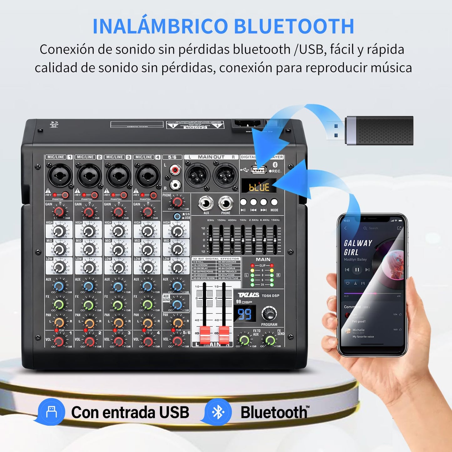 Mezclador de Audio Profesional TKLBLS Mezcla 6 Canales USB DSP Estéreo Phantom Power 48 V