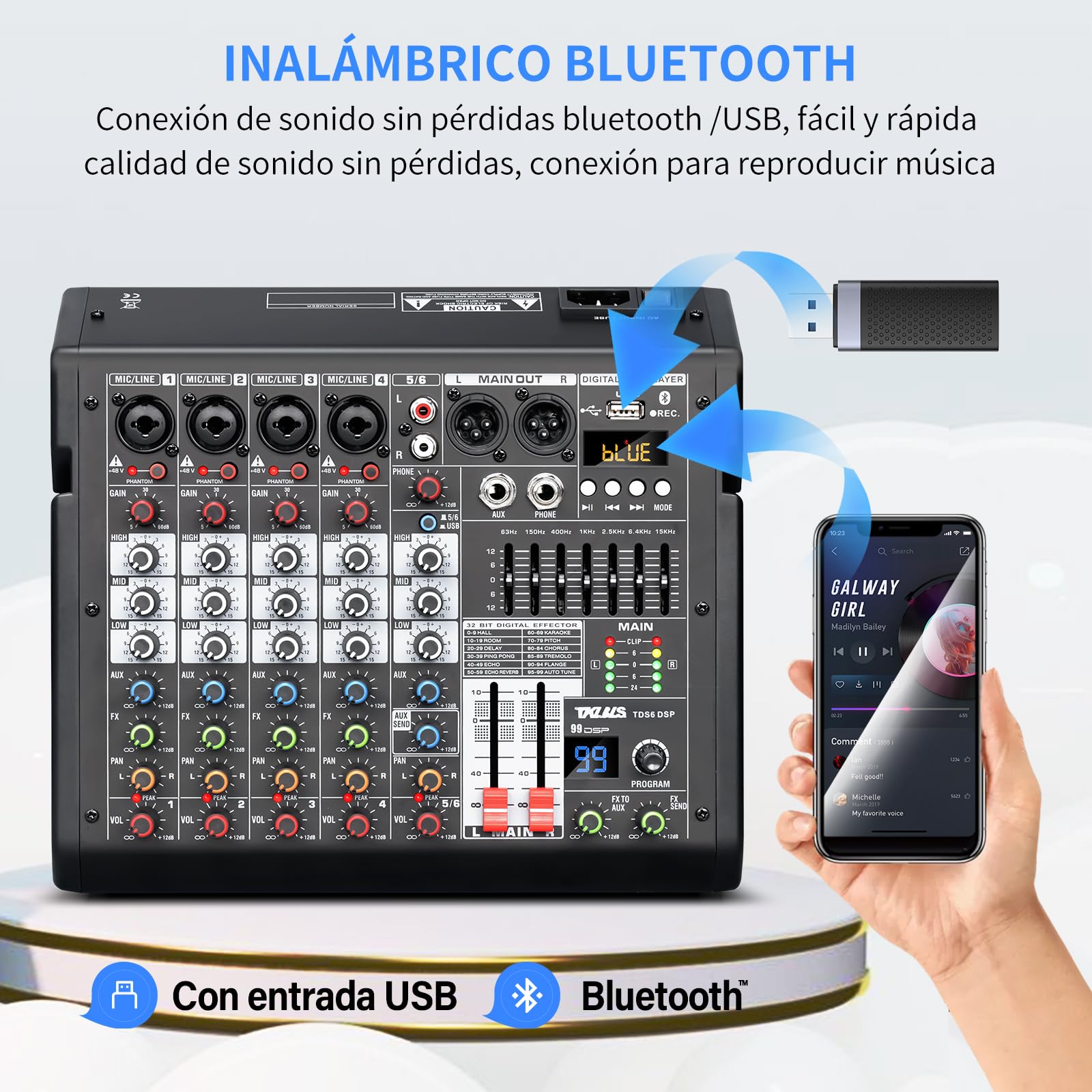 Mezclador de Audio Profesional TKLBLS Mezcla 6 Canales USB DSP Estéreo Phantom Power 48 V