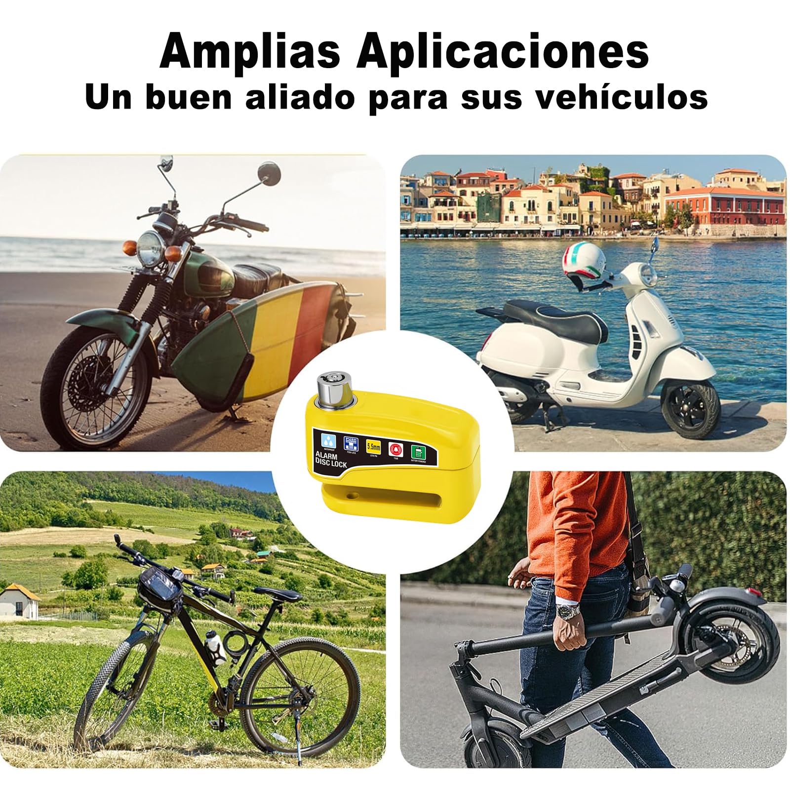 Candado para Motocicleta y Bicicleta,Candado para Motocicleta Universal con Alarma de 110dB Impermeable IP65 Seguro Antirrobo con Motocicleta Bicicleta etc Vehículos con Llanta de Disco