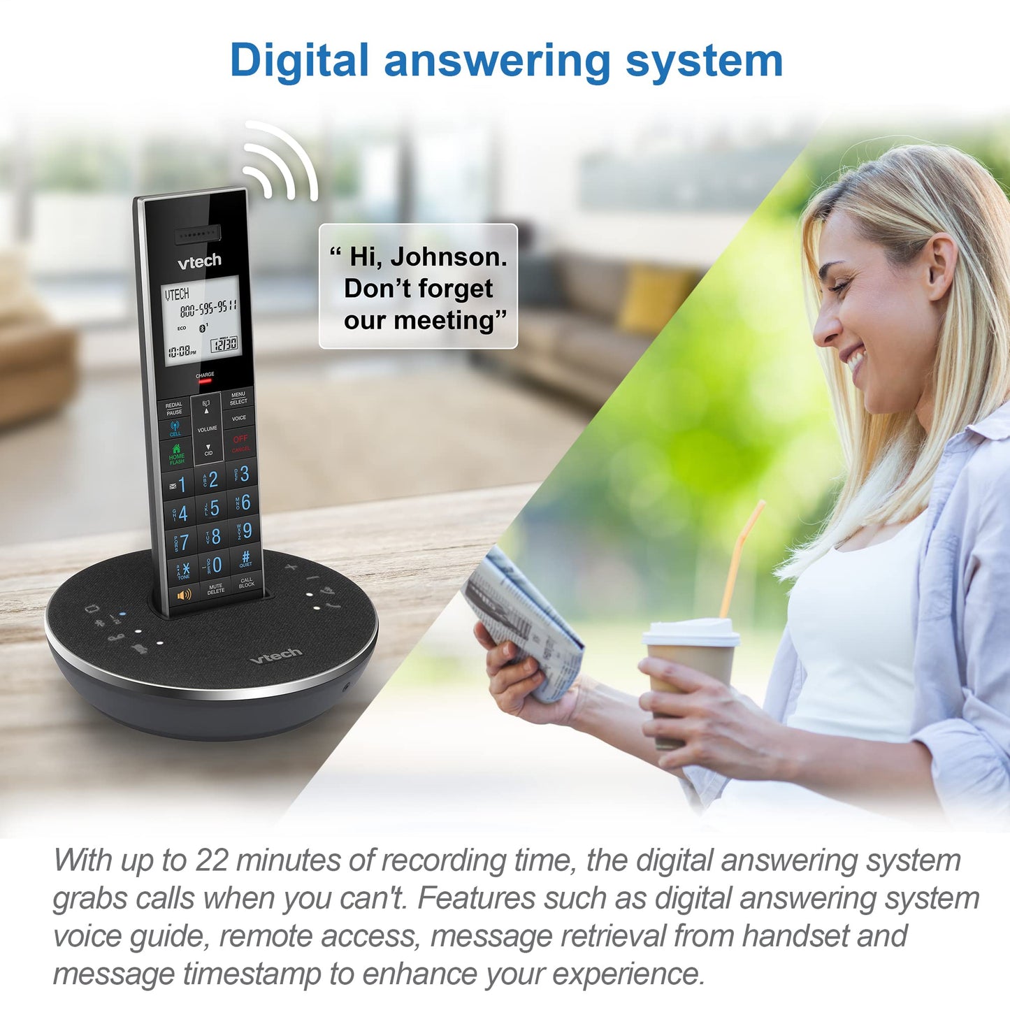 VTech LS6381 DECT 6.0 Teléfono inalámbrico con altavoz Bluetooth con cancelación de eco, reducción de ruido, transmisión de música. Perfecto para PC/teléfono fijo/llamadas celulares. Sistema de contestación, bloqueador de llamadas inteligente